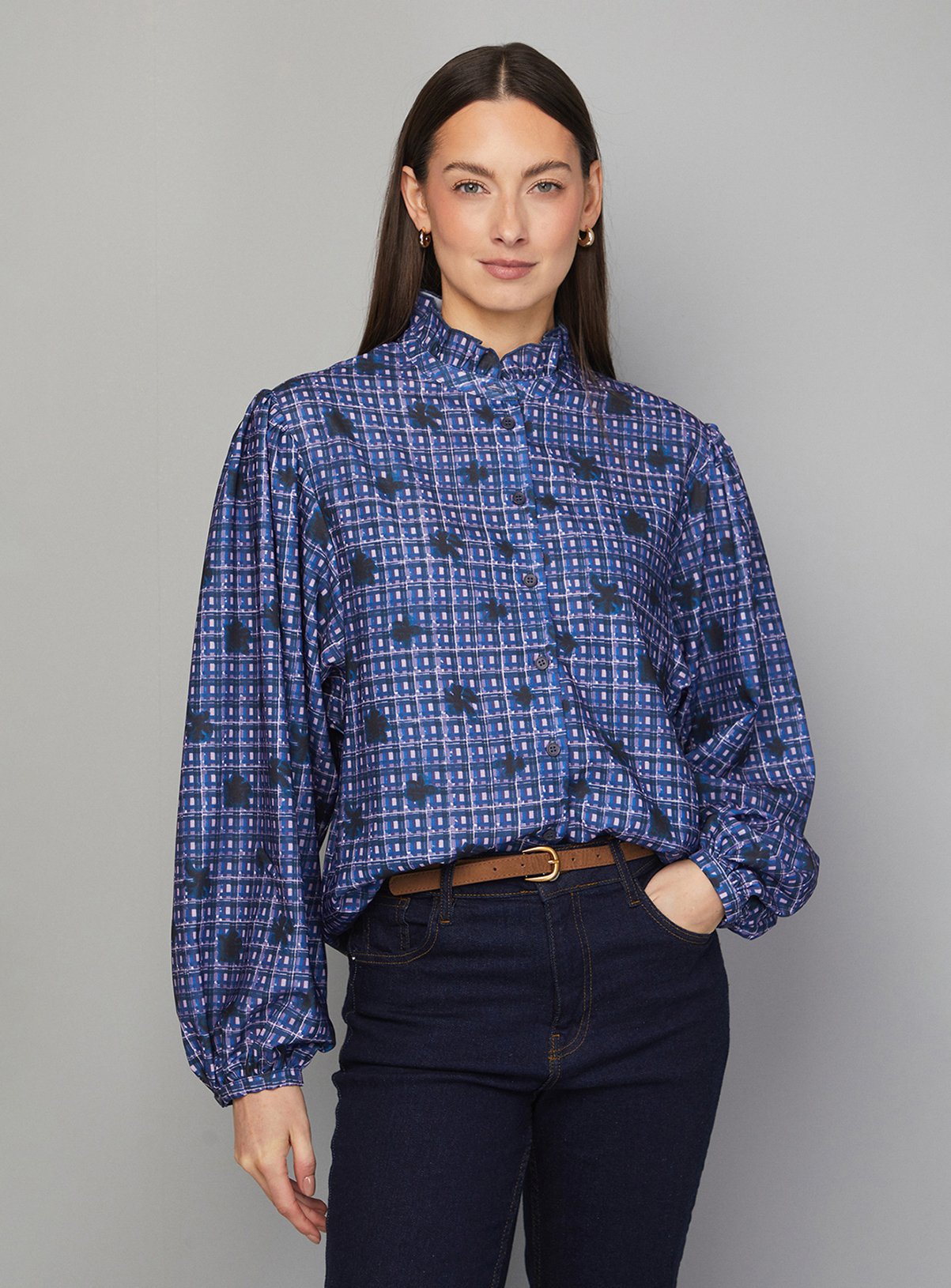 WALLIS Check Ruffle Collar Button Blouse 10