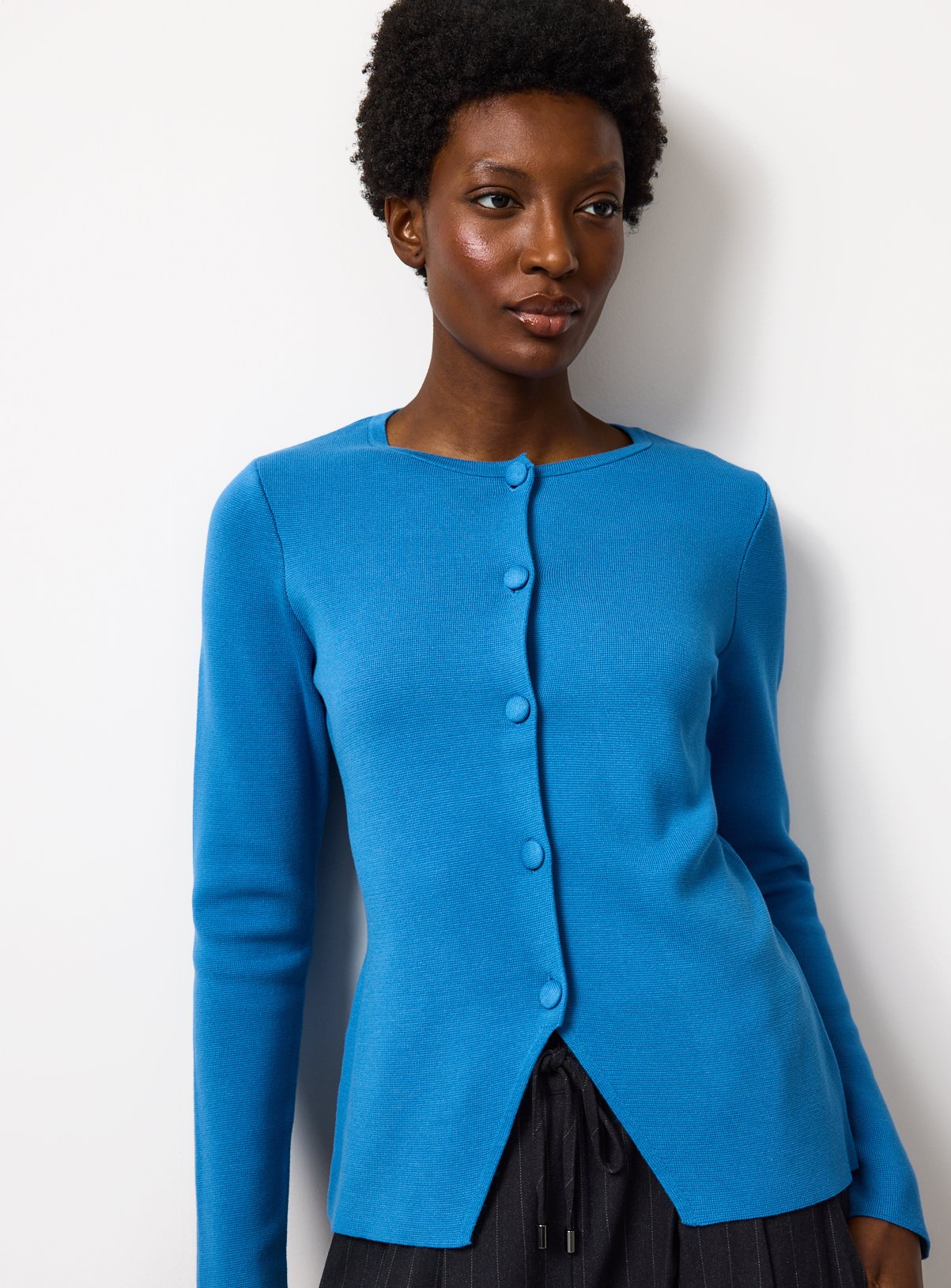 Blue Compact Covered Button Peplum Cardigan 16