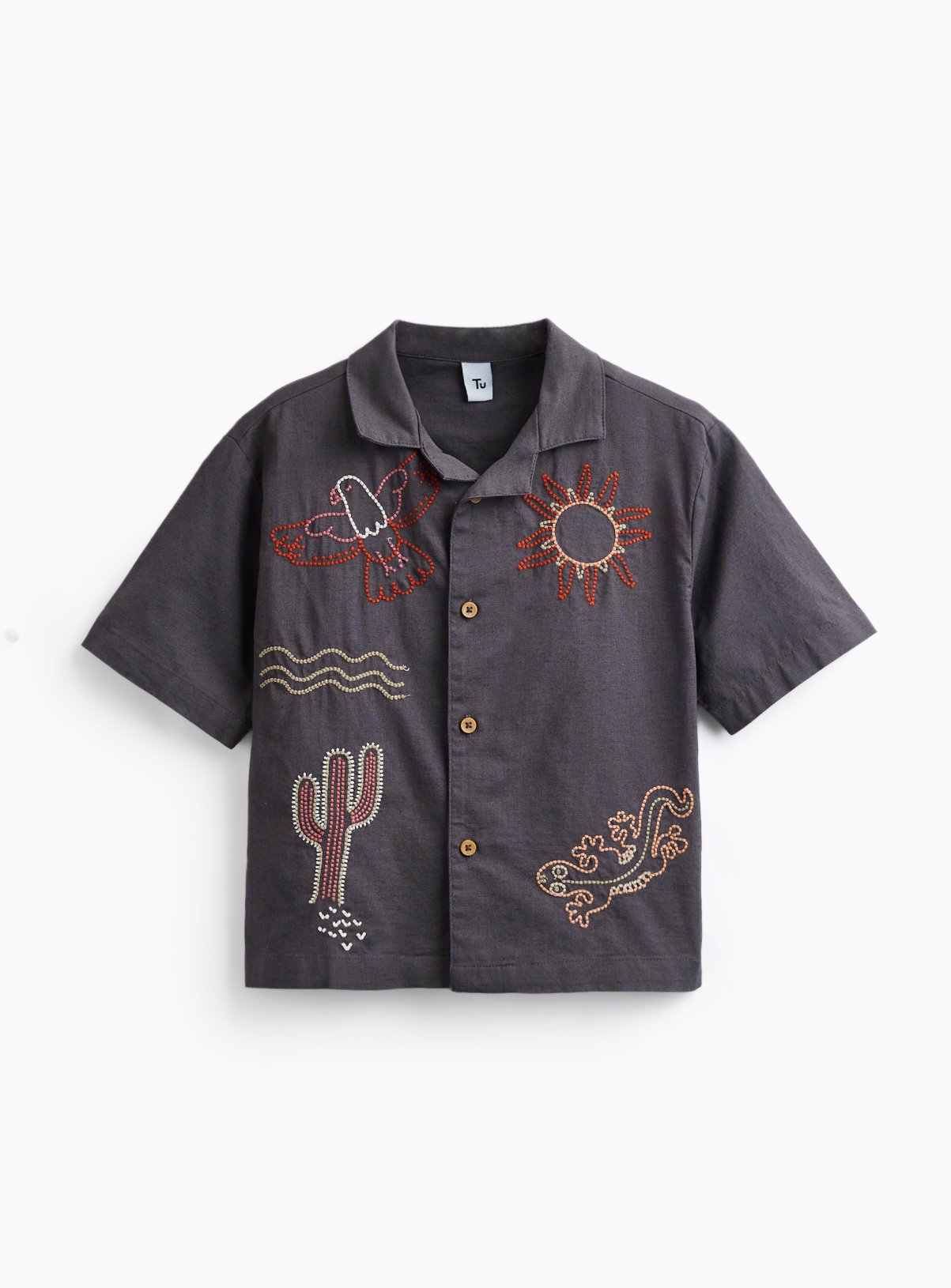 Charcoal Holiday Embroidered Revere Neck Shirt 