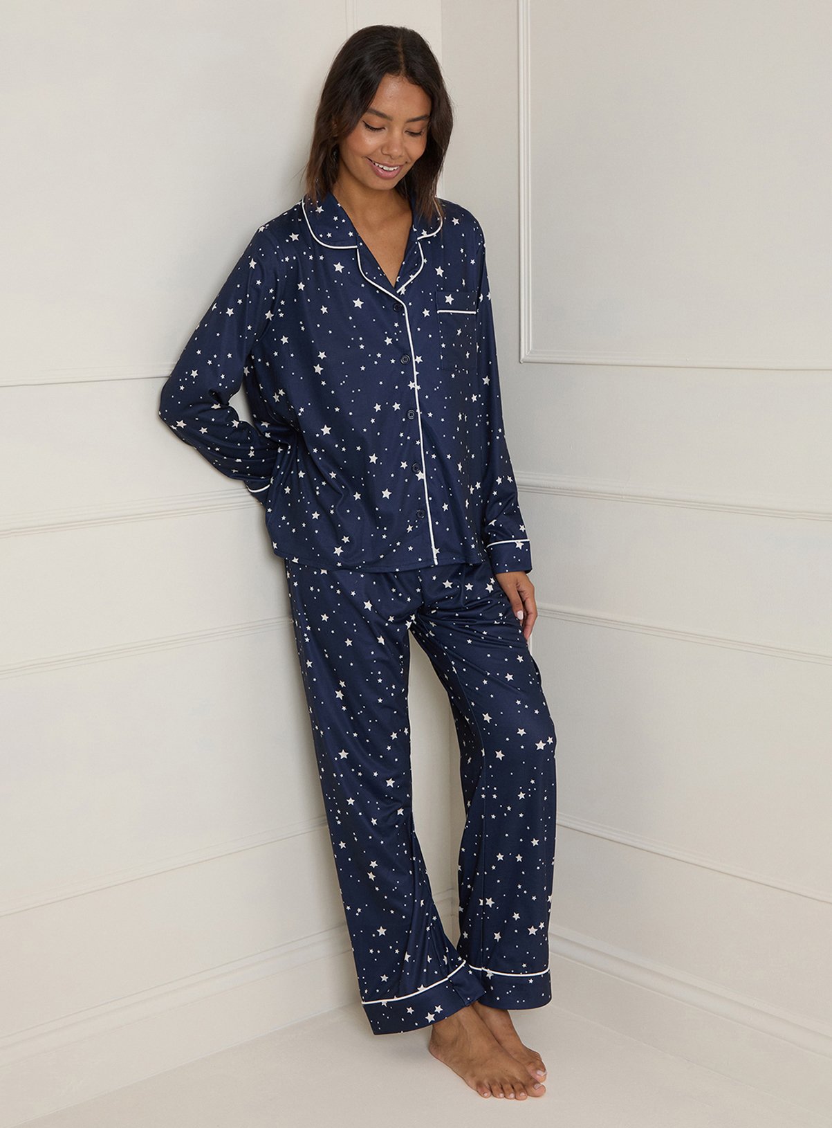 DOROTHY PERKINS Navy Star Printed Nightwear Tipped Long Sleeve Pyjama Set