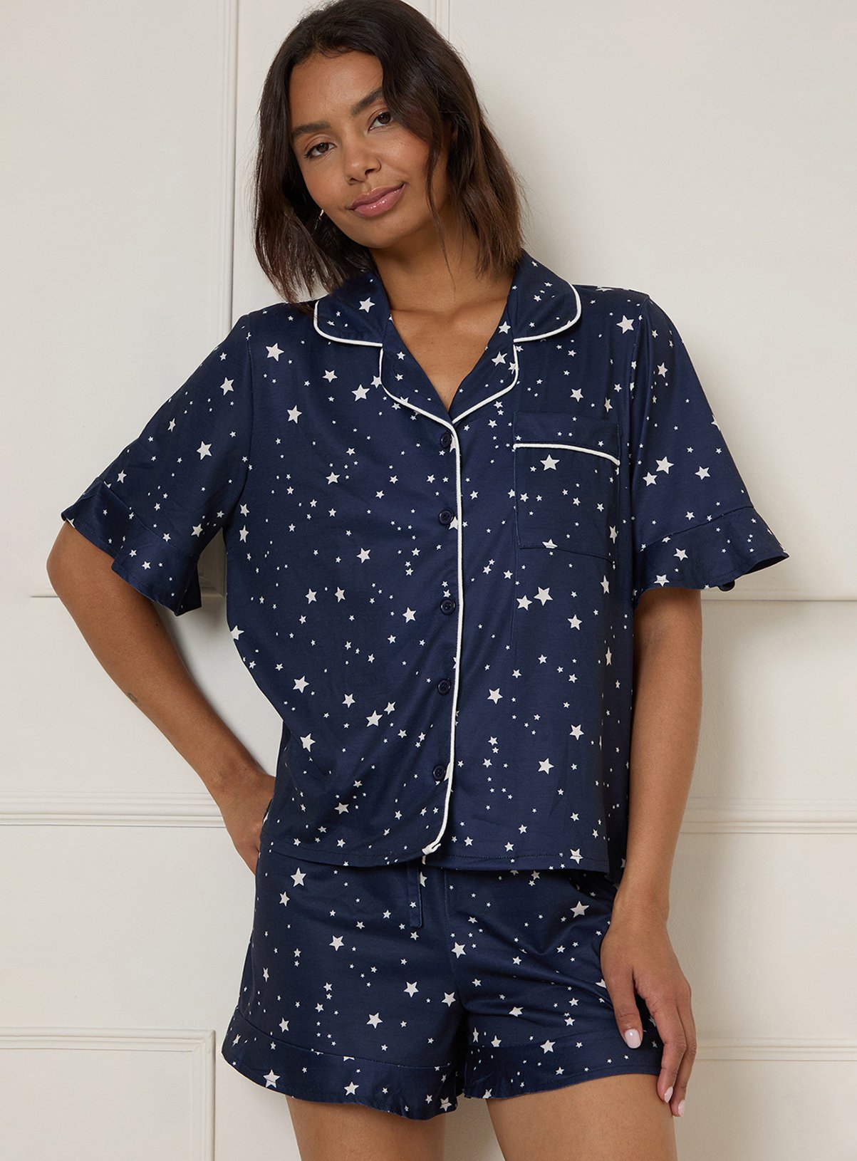 DOROTHY PERKINS Navy Star Printed Nightwear Tipped Short Sleeve Pyjama Set L