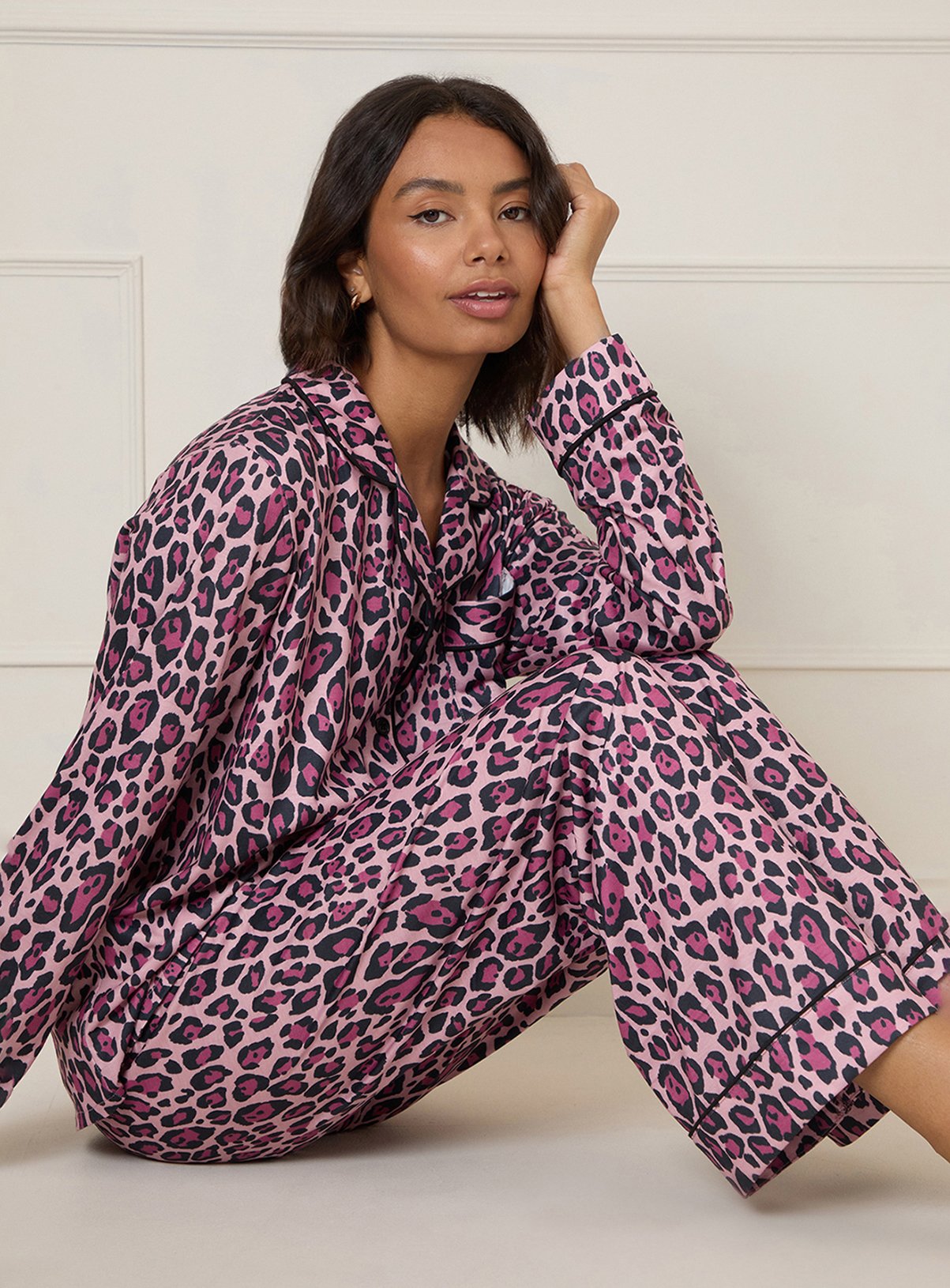 DOROTHY PERKINS Pink Leopard Printed Nightwear Tipped Long Sleeve Pyjama Set 