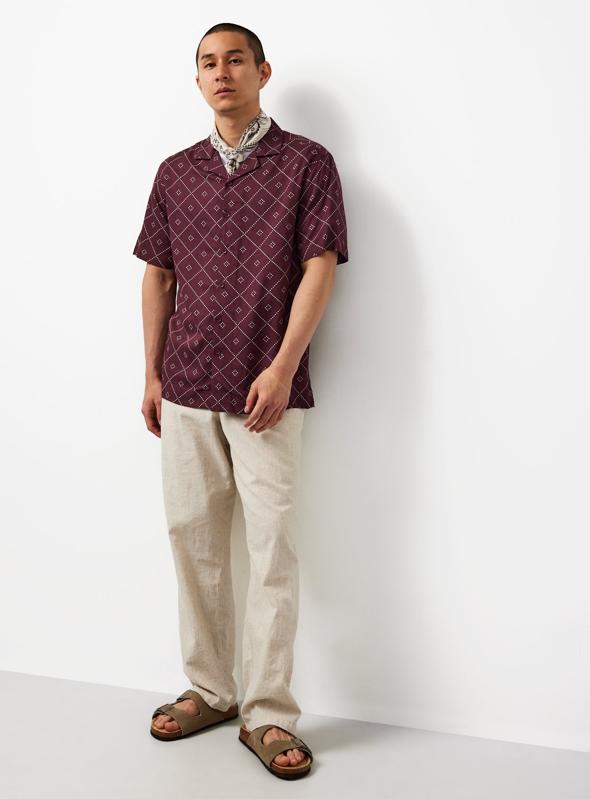 Dark Red Geo Print Slub Revere Neck Shirt XXL