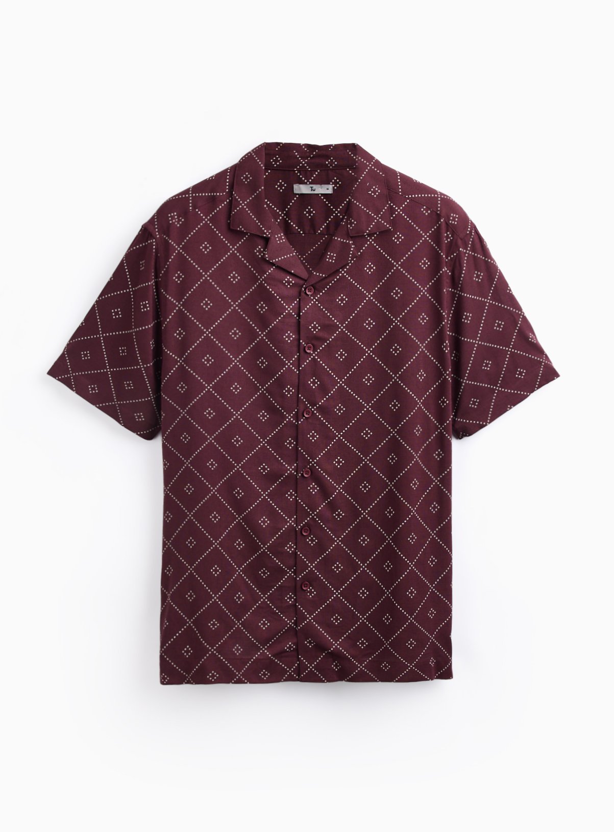 Dark Red Geo Print Slub Revere Neck Shirt 