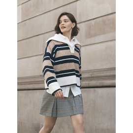 Brown Stripe Print Oversized Collar Rugby Style Jumper