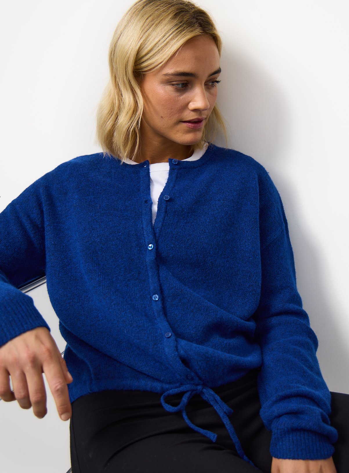 Drawcord Hem Crew Neck Cardigan 