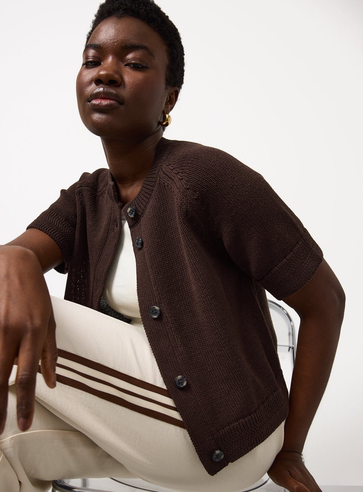 Brown Boxy Fit Raglan Short Sleeve Cardigan S