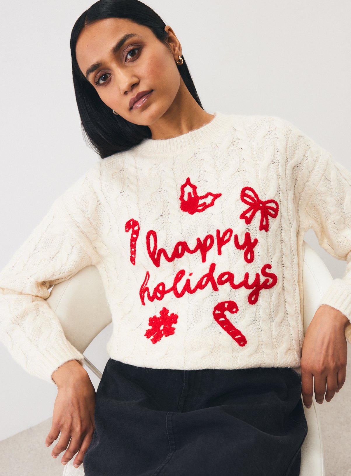 Happy Holidays Cable Knit Christmas Jumper 