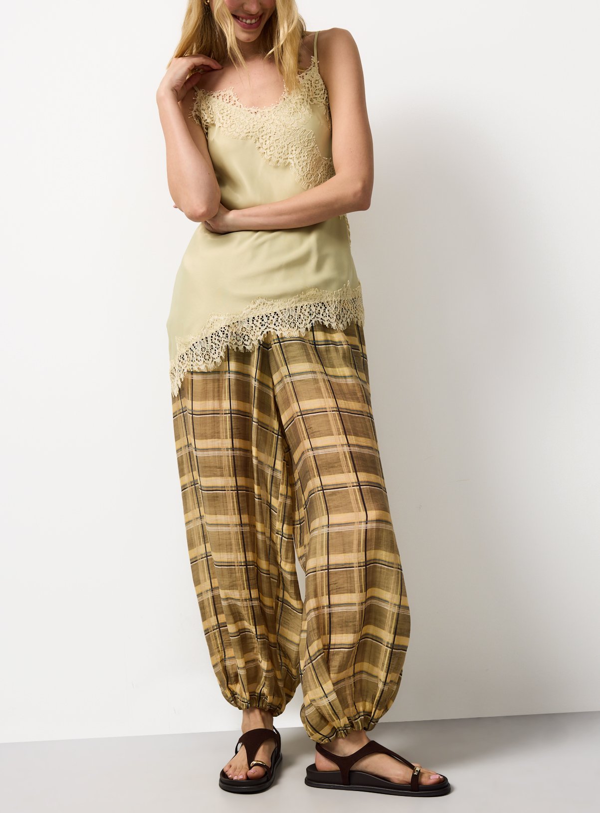 Yellow Checked Balloon Leg Trousers