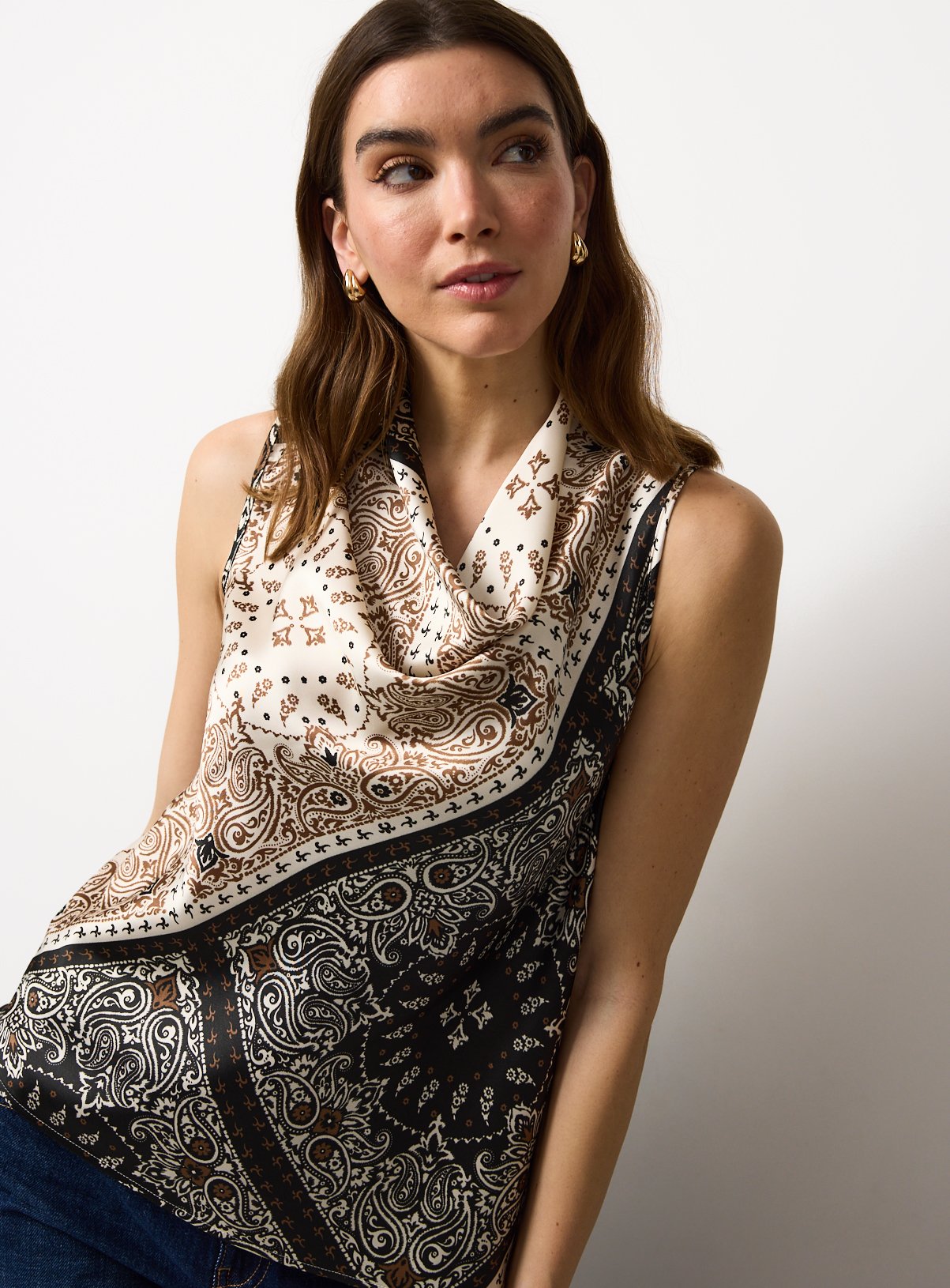 Mono Scarf Print Cowl Neck Top 