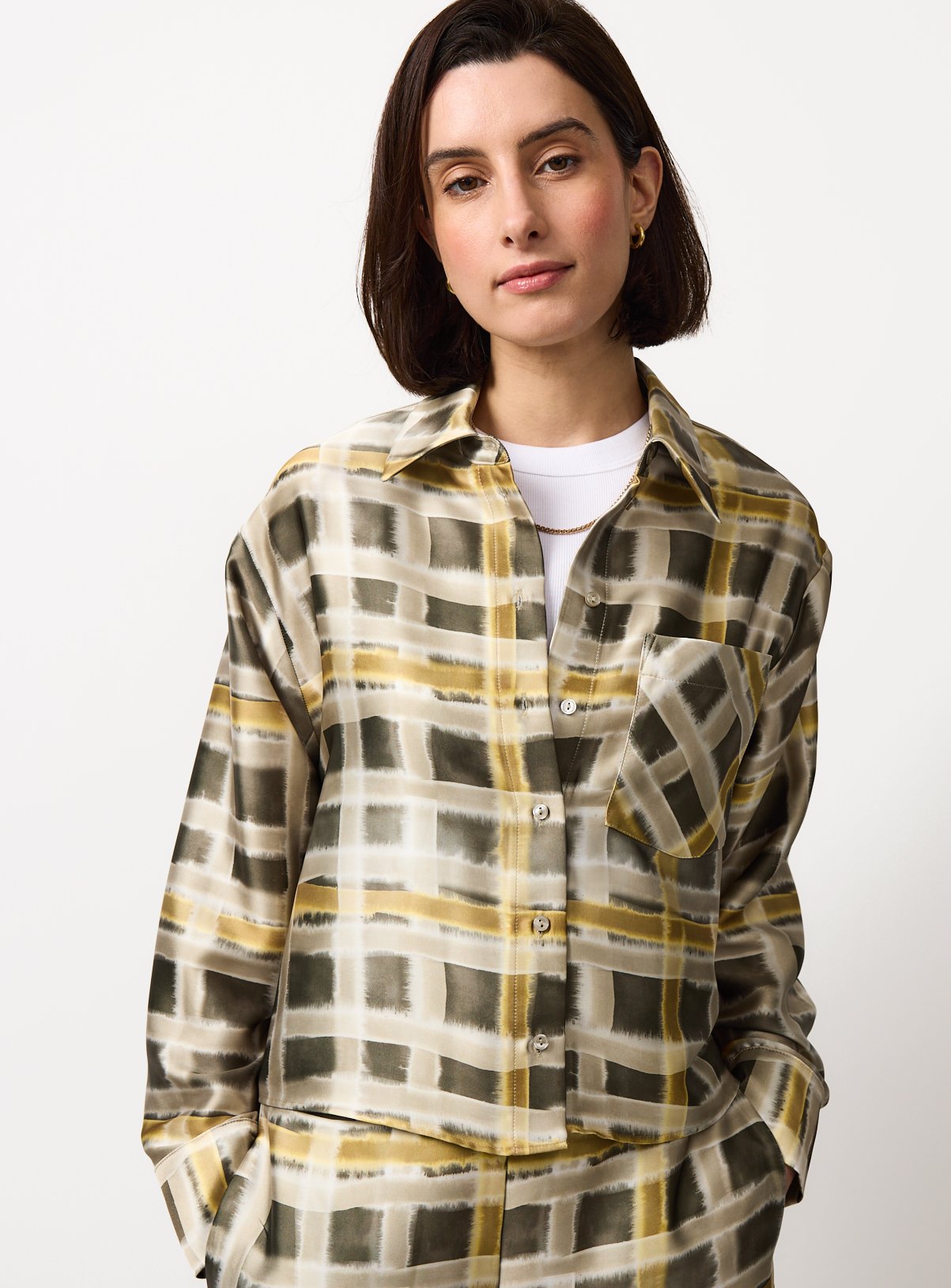 Yellow Check Satin Boxy Fit Shirt 