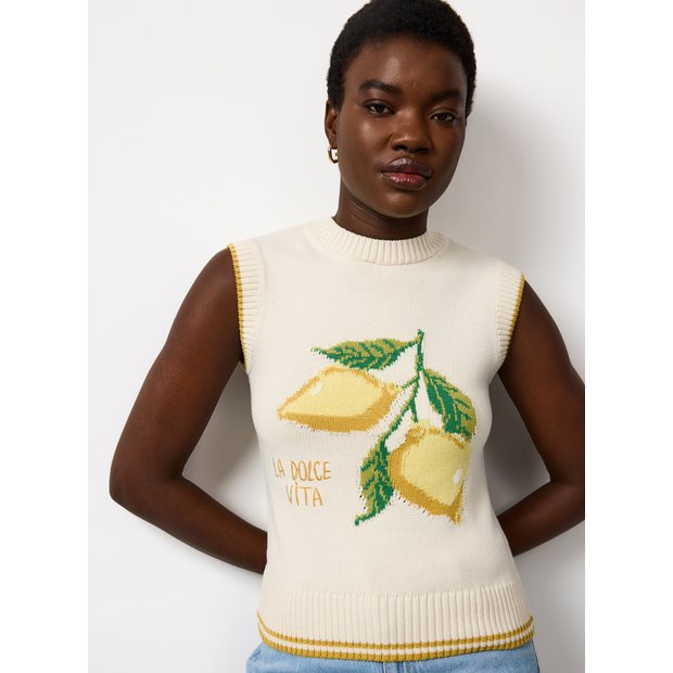 Buy Cream Lemon Graphic Knitted Vest Top L | Tops | Tu