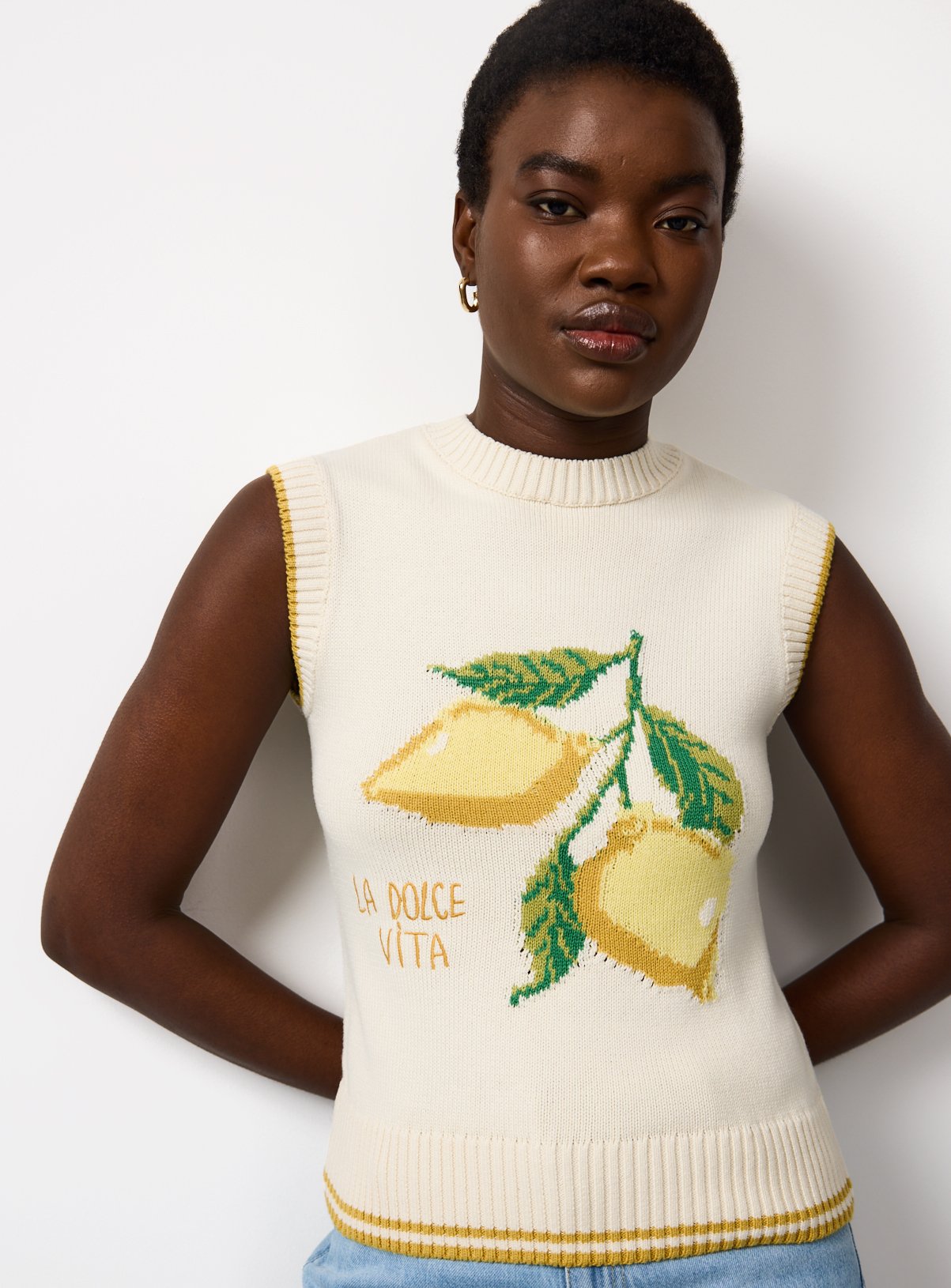 Cream Lemon Graphic Knitted Vest Top XL