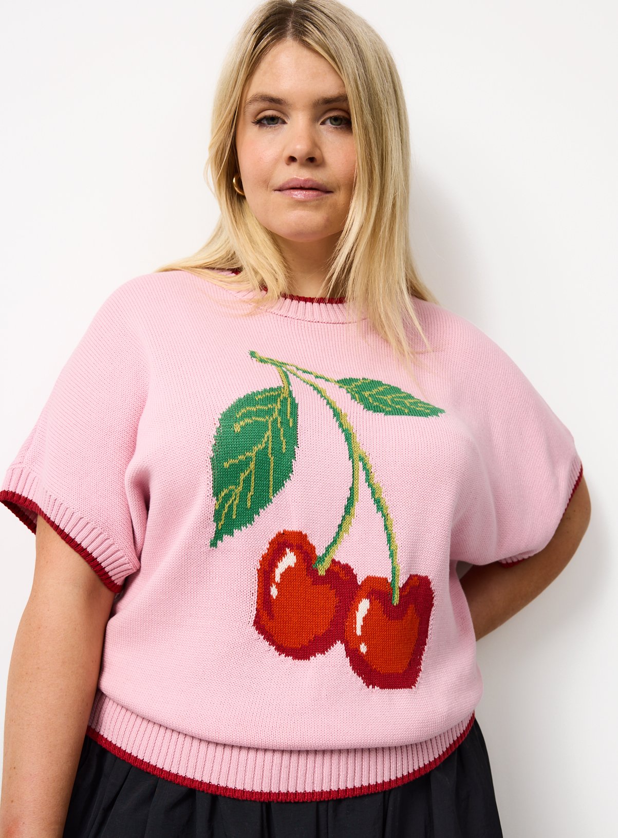Pink Cherry Graphic Knitted T-Shirt S