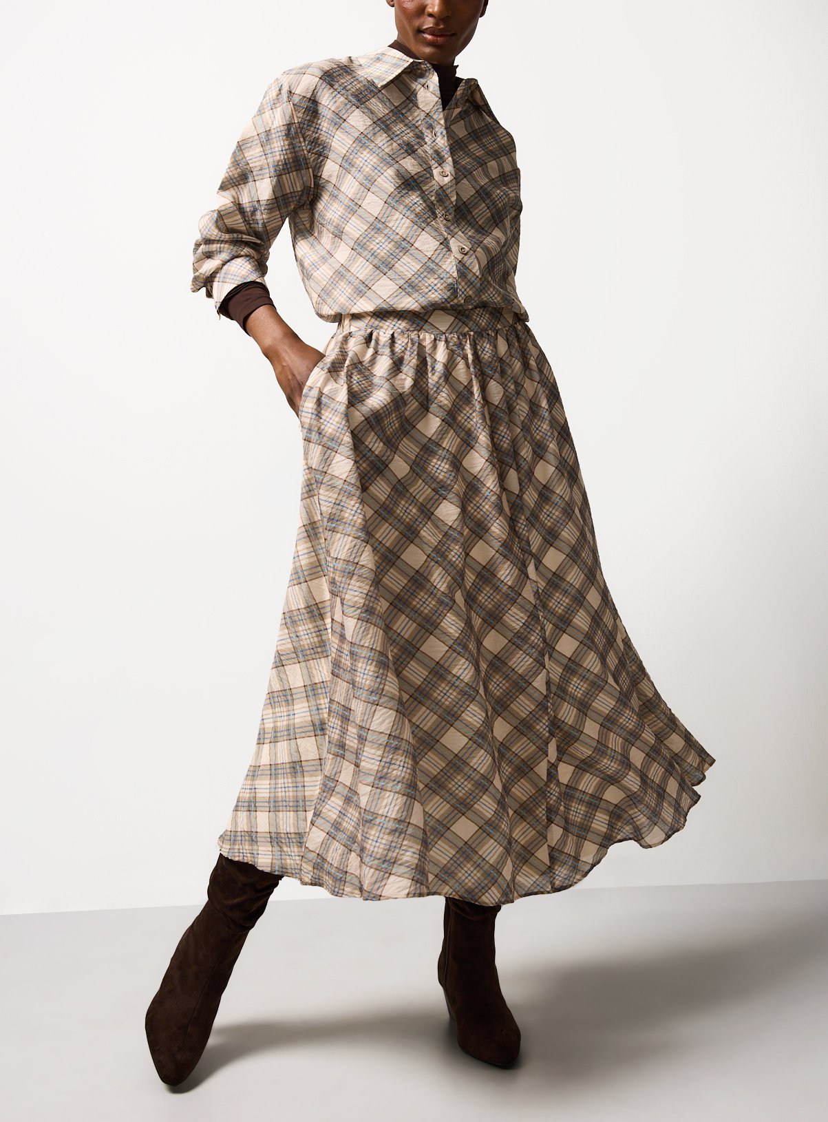 Cream & Blue Check Print Midaxi Full Skirt 