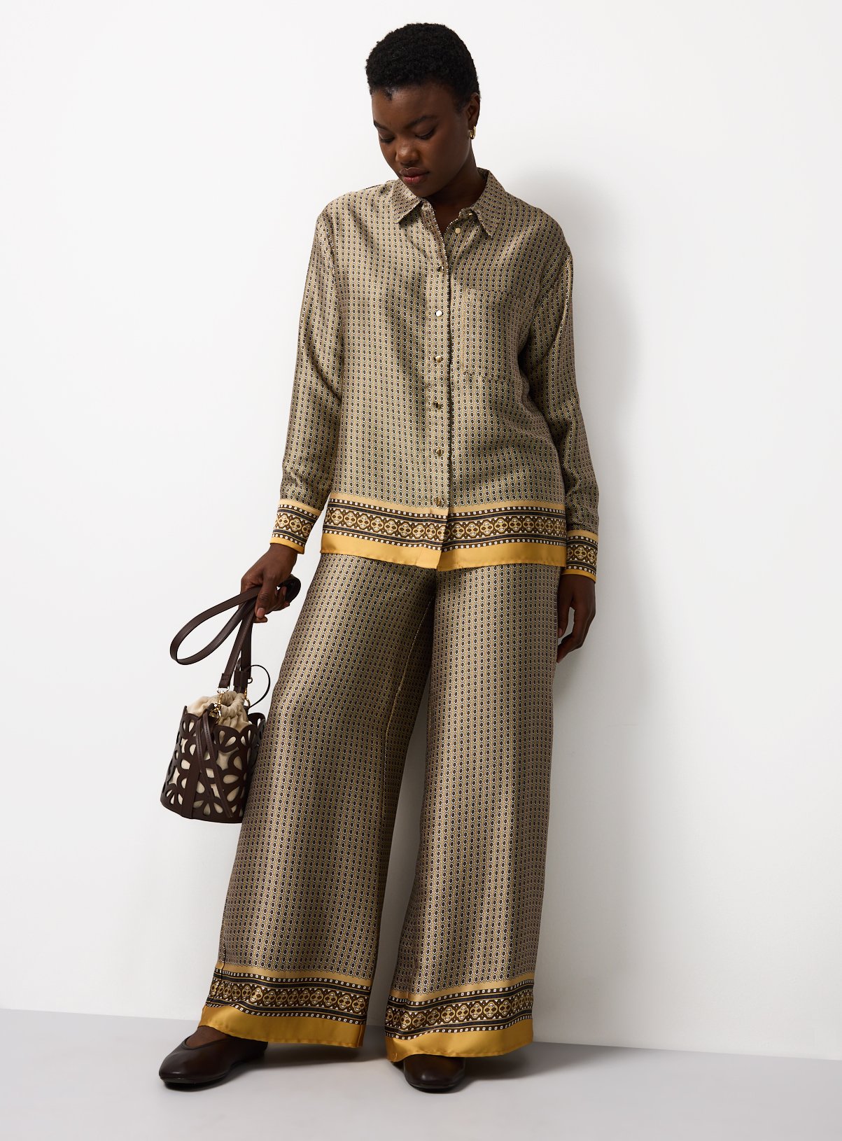 Beige Scarf Print Ultra Wide Leg Trousers