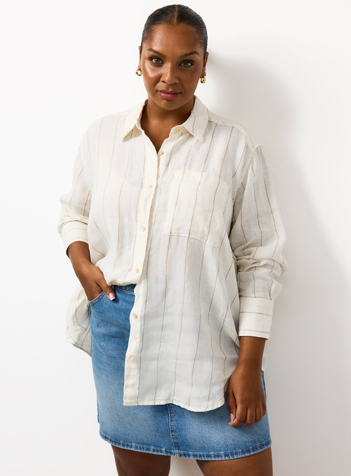 Neutral Stripe Print Pure Linen Long Sleeve Shirt 