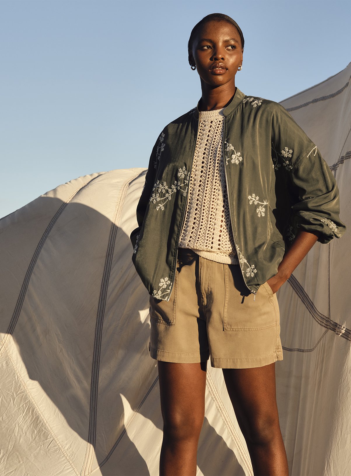 Khaki Floral Embroidered Bomber Jacket