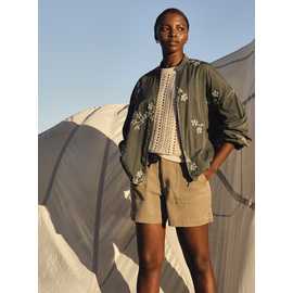 Khaki Floral Embroidered Bomber Jacket