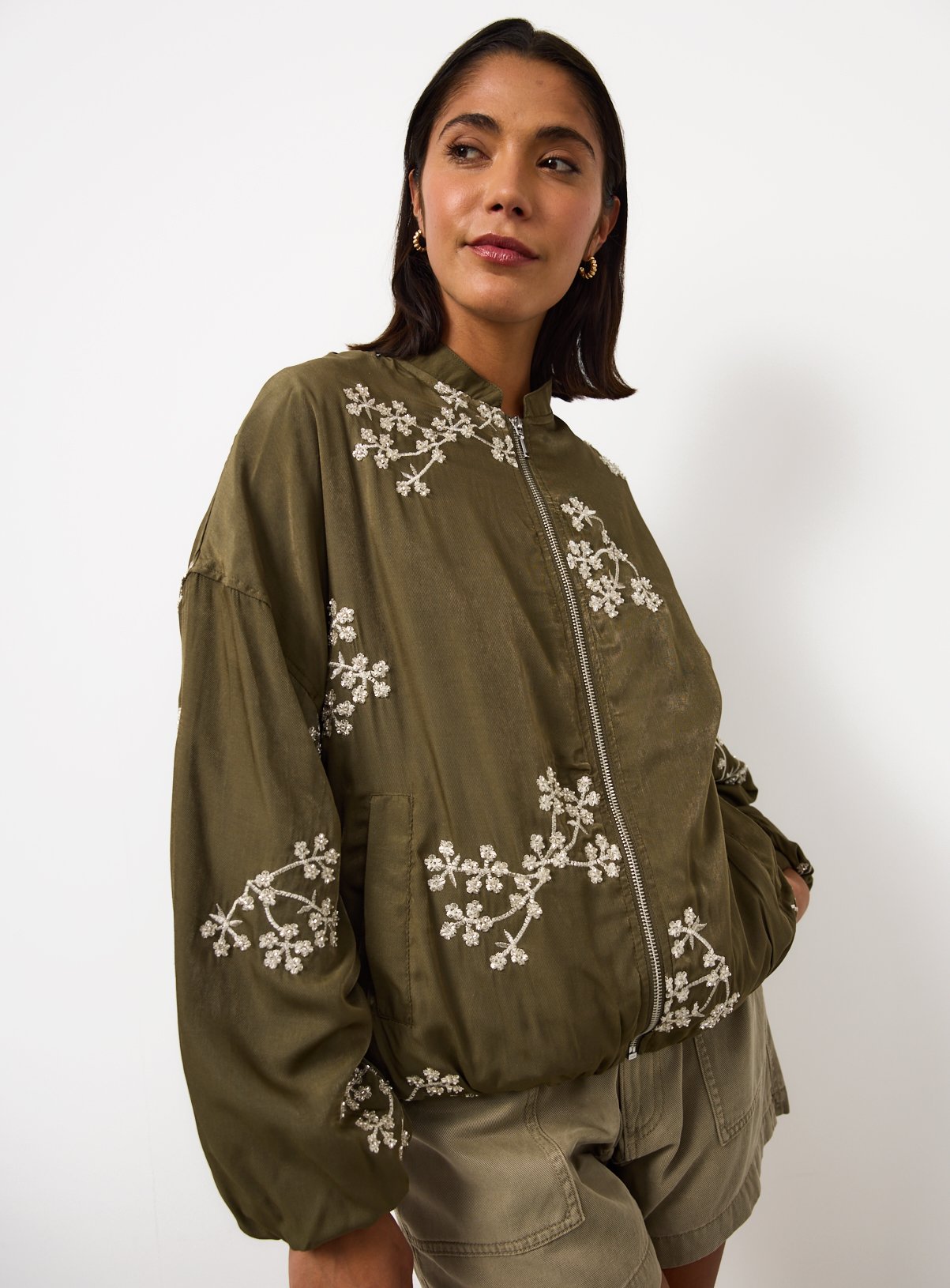 Khaki Floral Embroidered Bomber Jacket 
