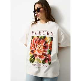 Cream Floral Graphic Oversized T-Shirt