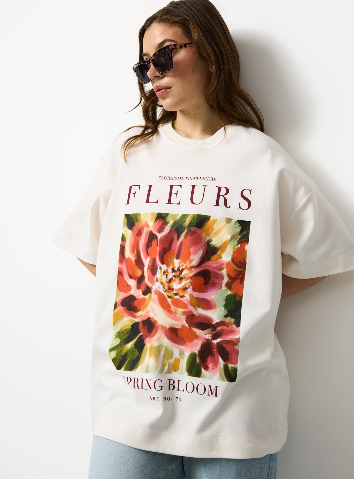 Cream Floral Graphic Oversized T-Shirt 