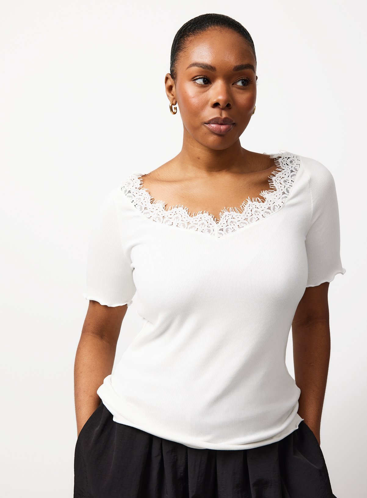 Cream Lace Neckline Jersey T-Shirt 20