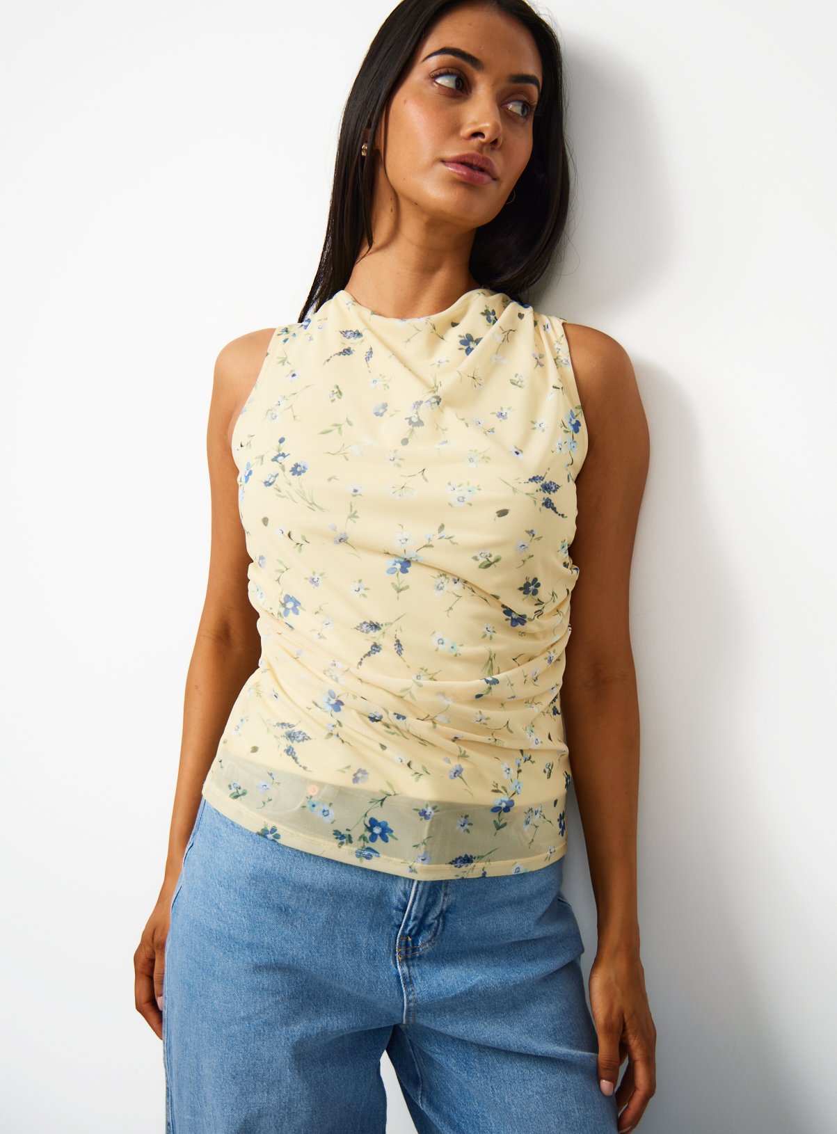 Yellow Floral Print Mesh Ruched Top 