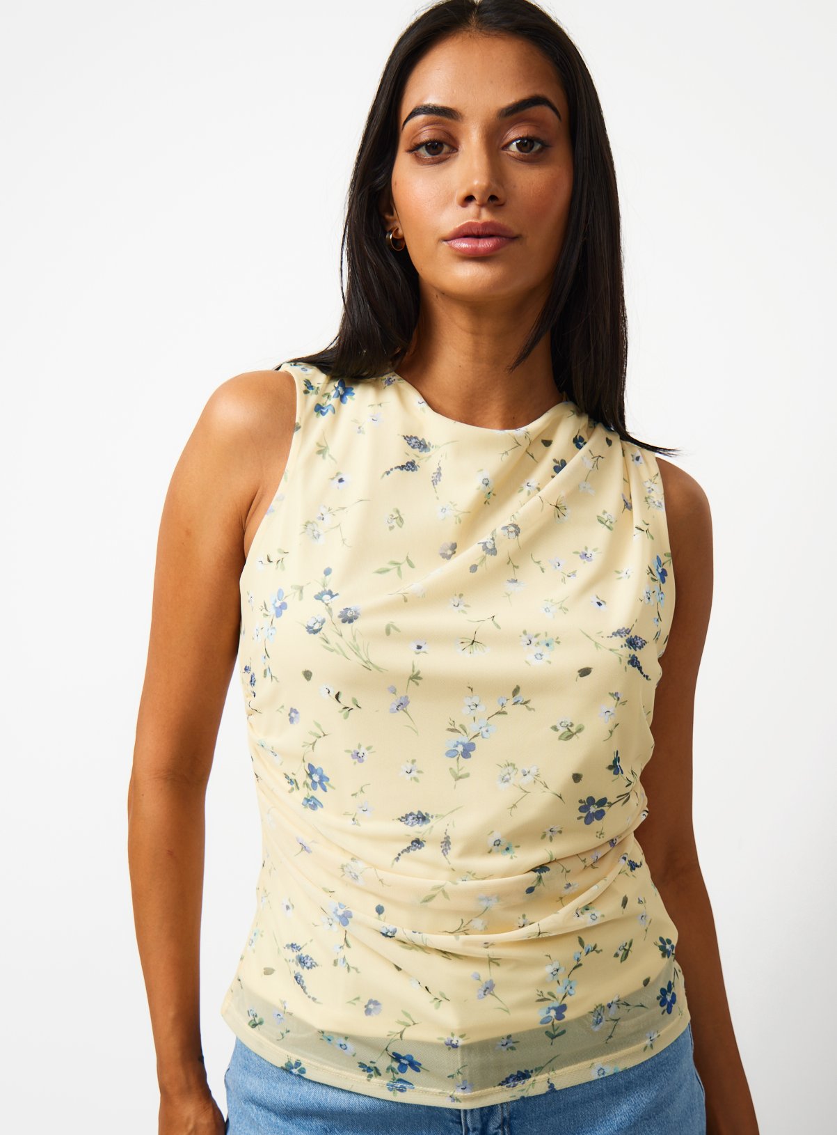 Yellow Floral Print Mesh Ruched Top 
