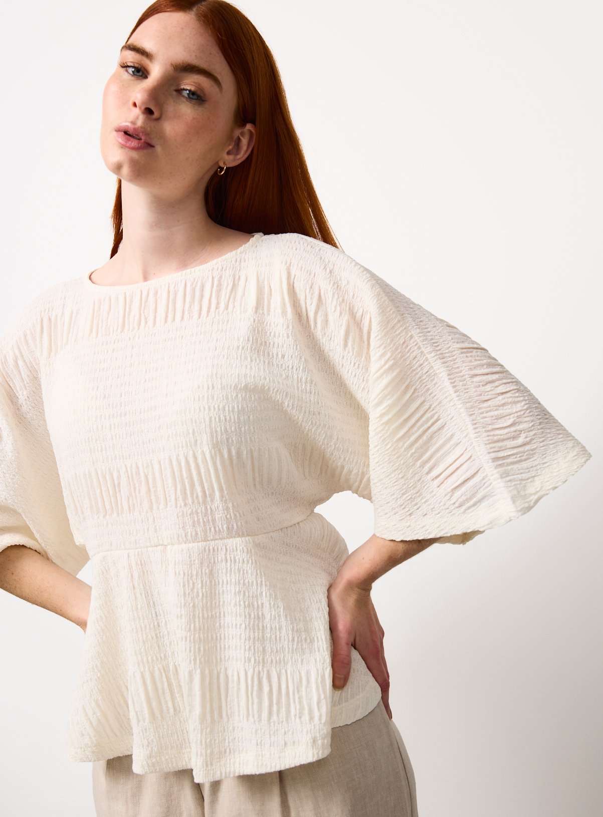 Cream Batwing Sleeve Peplum Top S