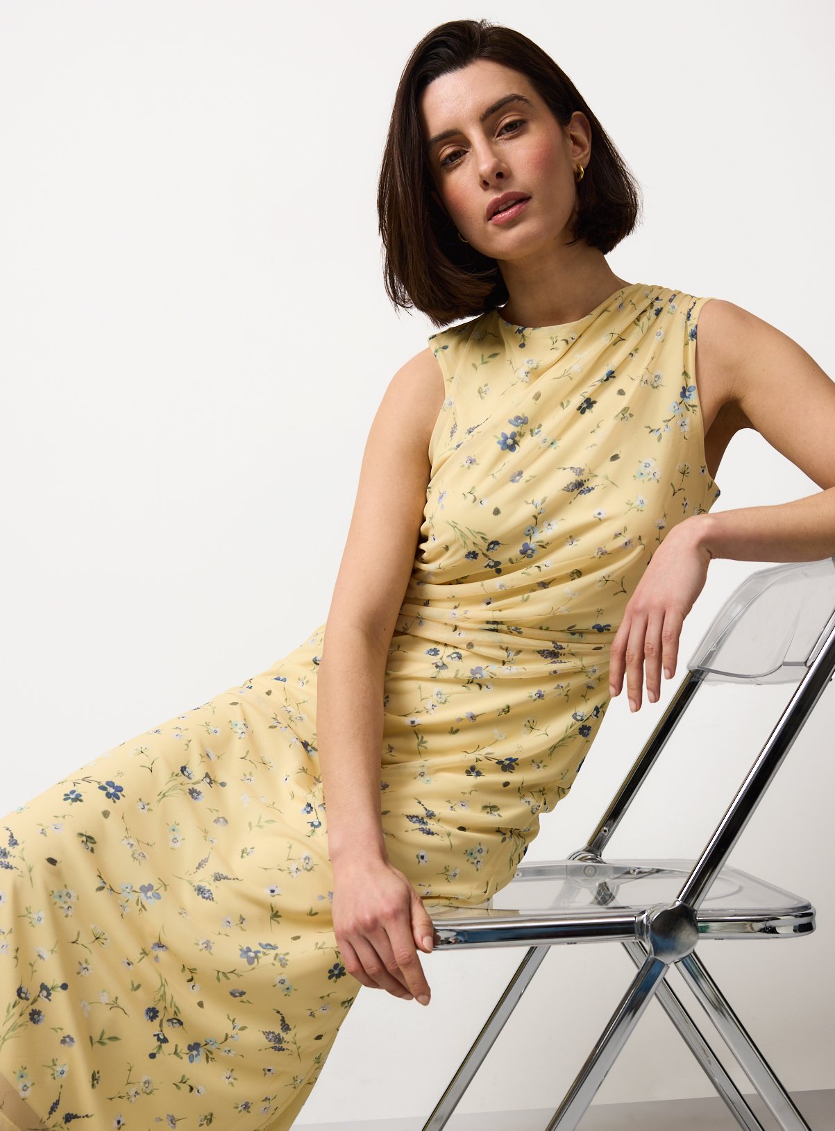 Yellow Floral Print Midaxi Column Dress 