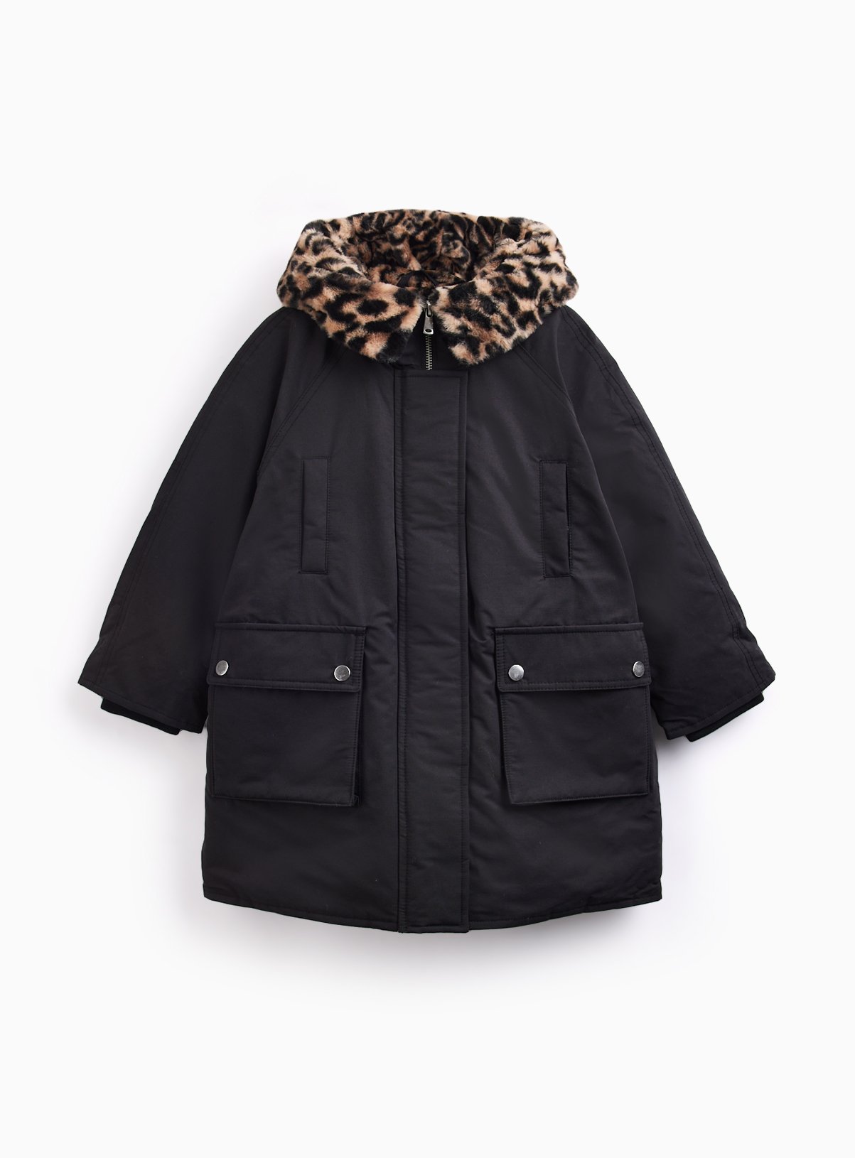 Black & Leopard Print Faux Fur Parka 