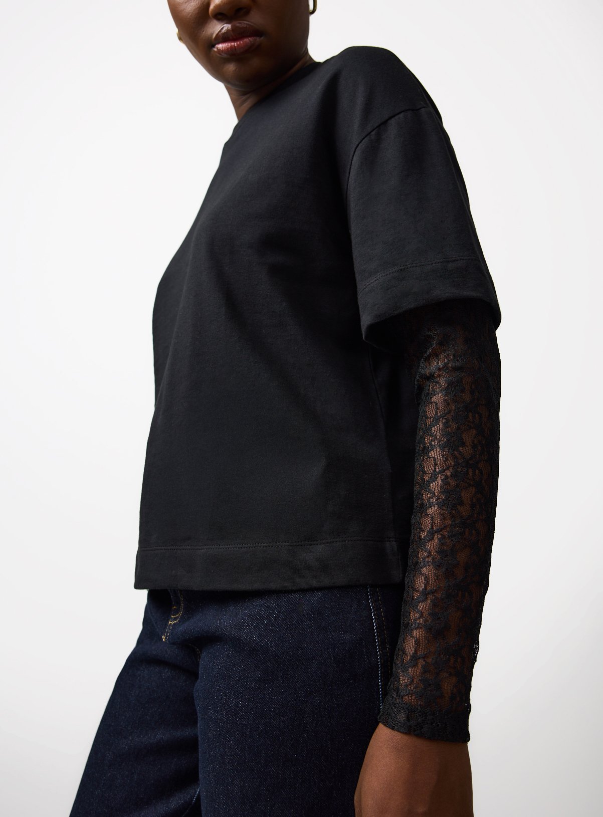 Black Lace Sleeve Detail Jersey T-Shirt S