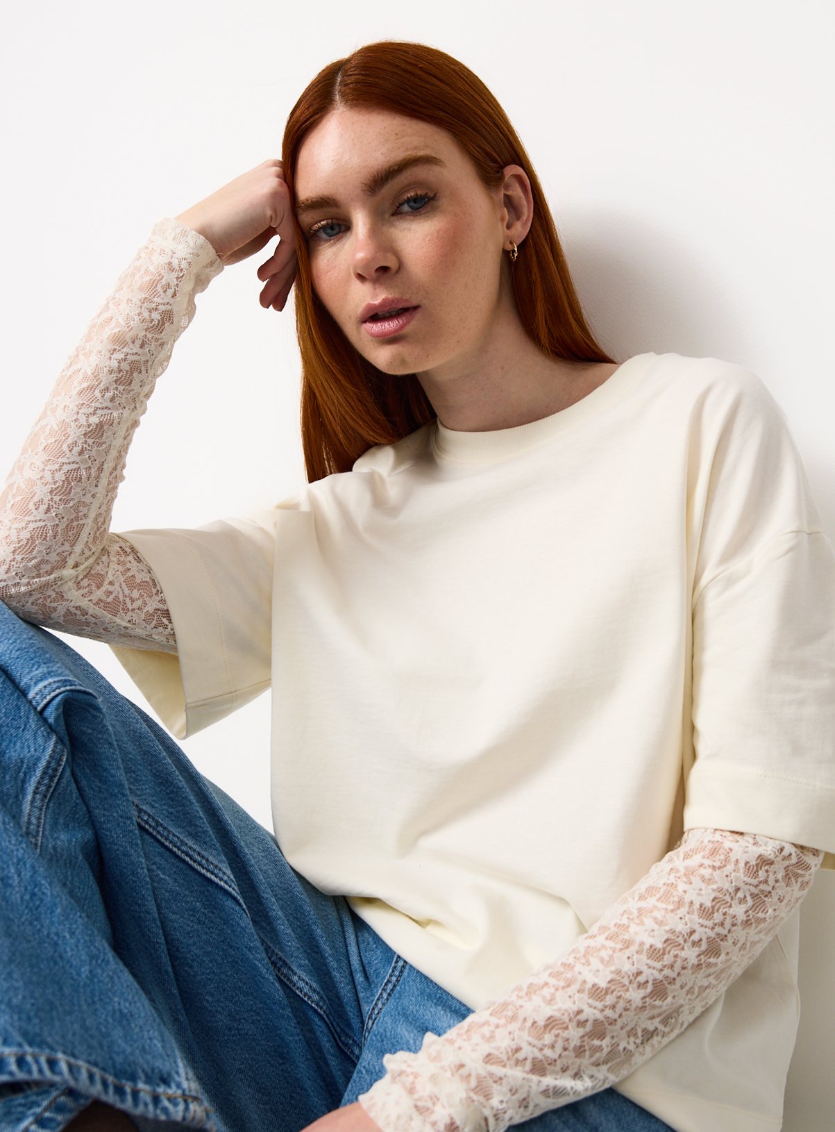 Cream Lace Sleeve Detail Jersey T-Shirt XL