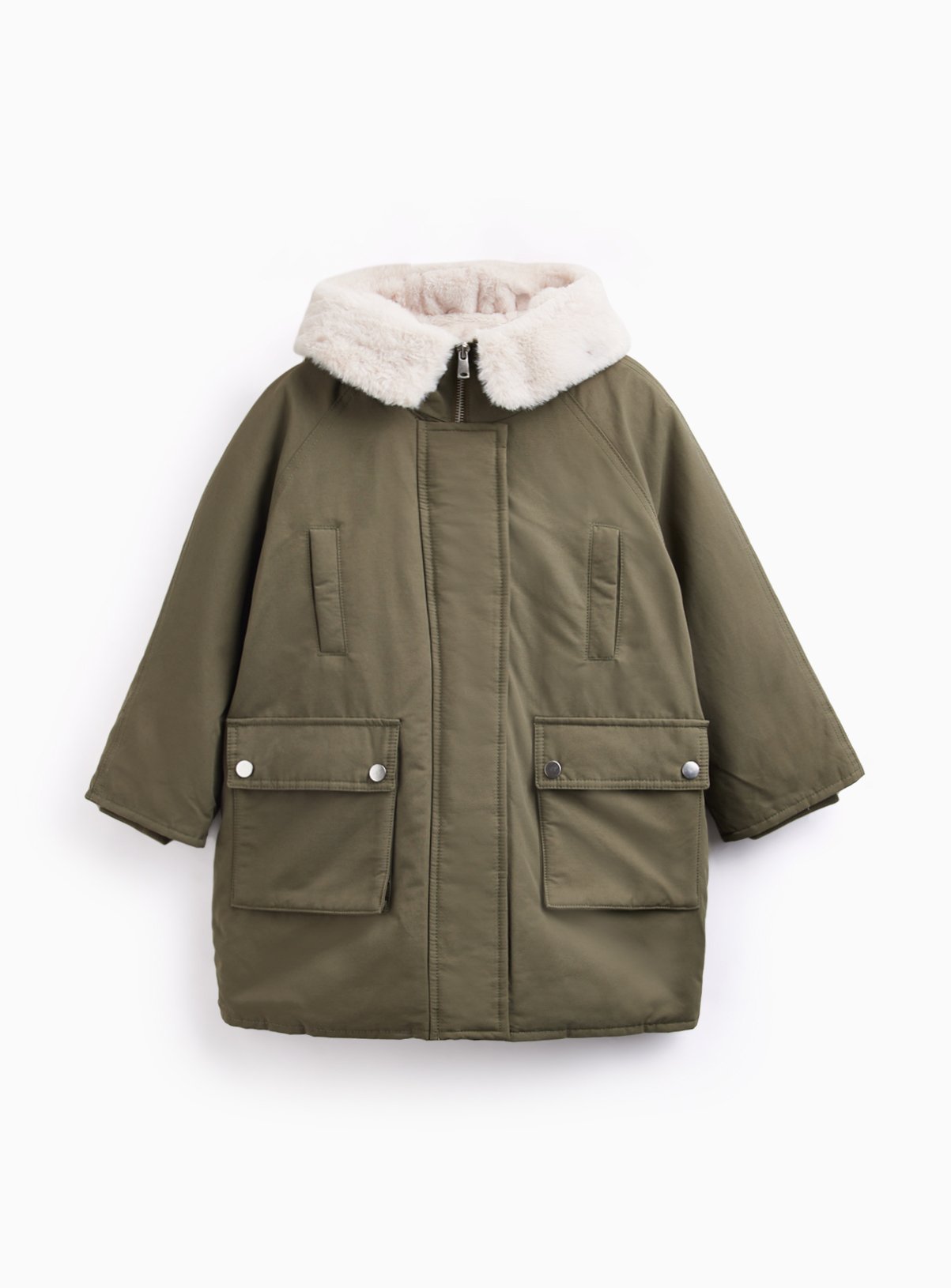 Khaki Faux Fur-Lined Hooded Parka Jacket 
