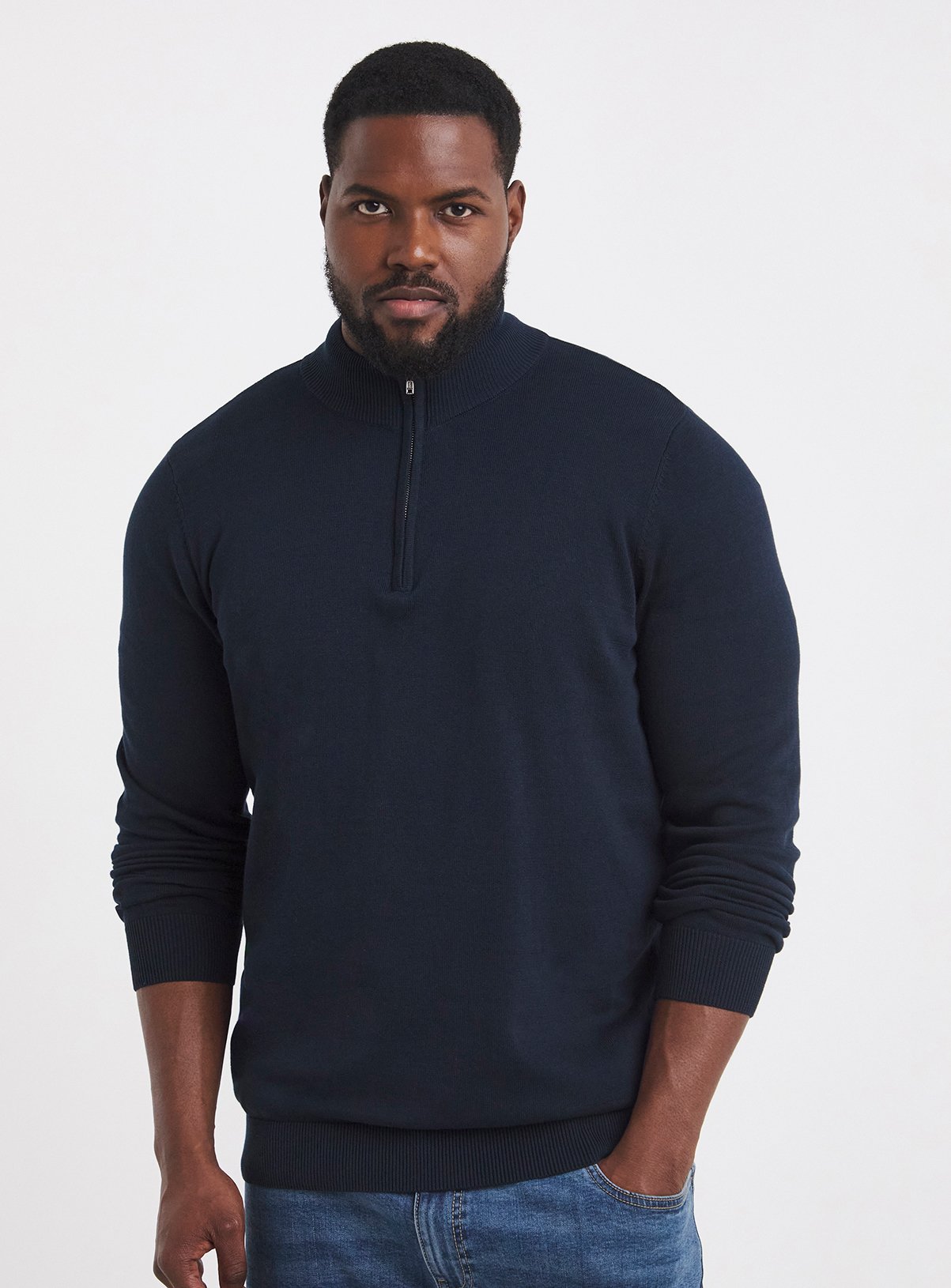JACAMO Cotton 1/4 Zip Funnel Neck Knit Top Navy L