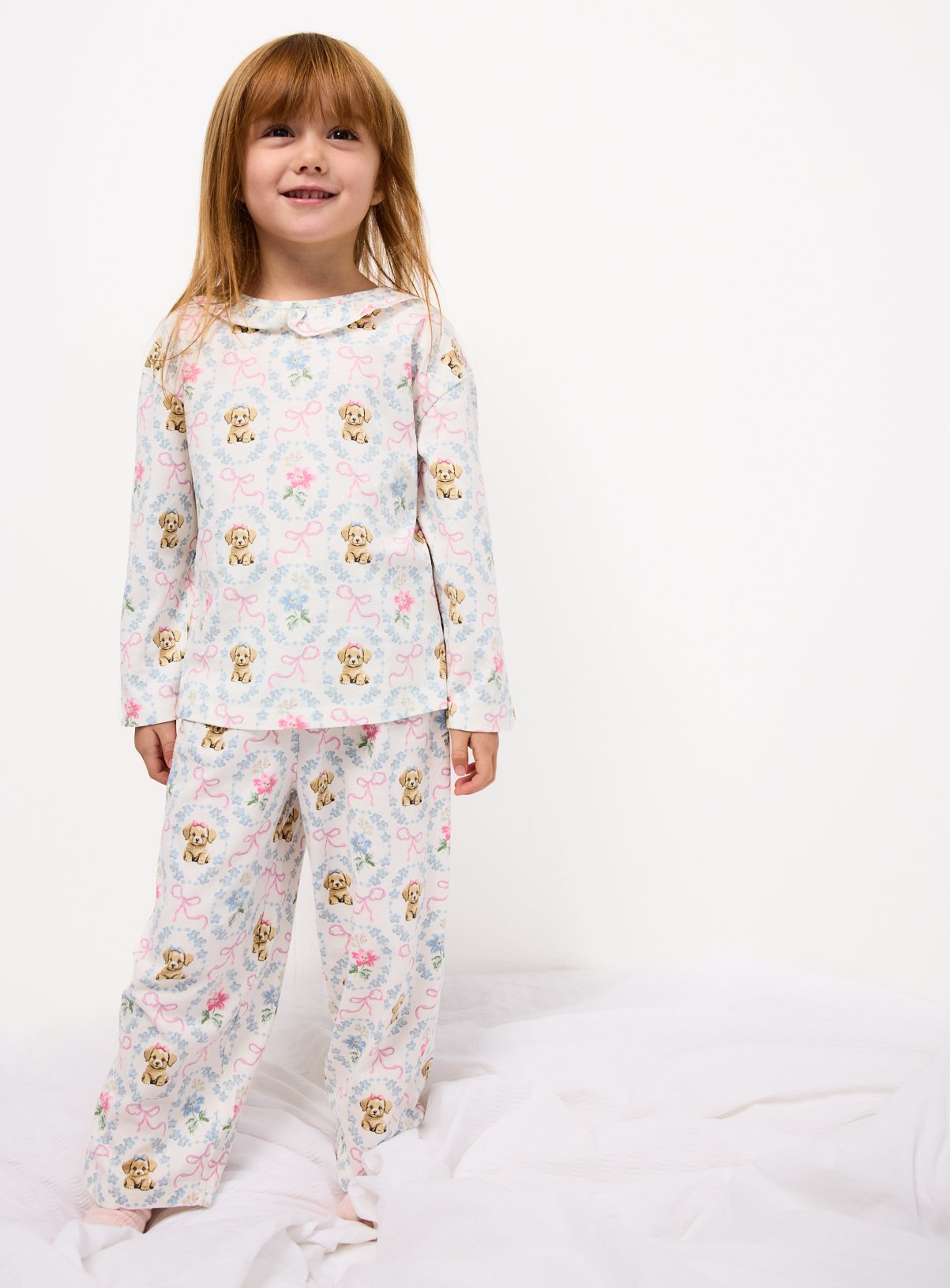 White Dog Print Frill Collar Pyjamas 