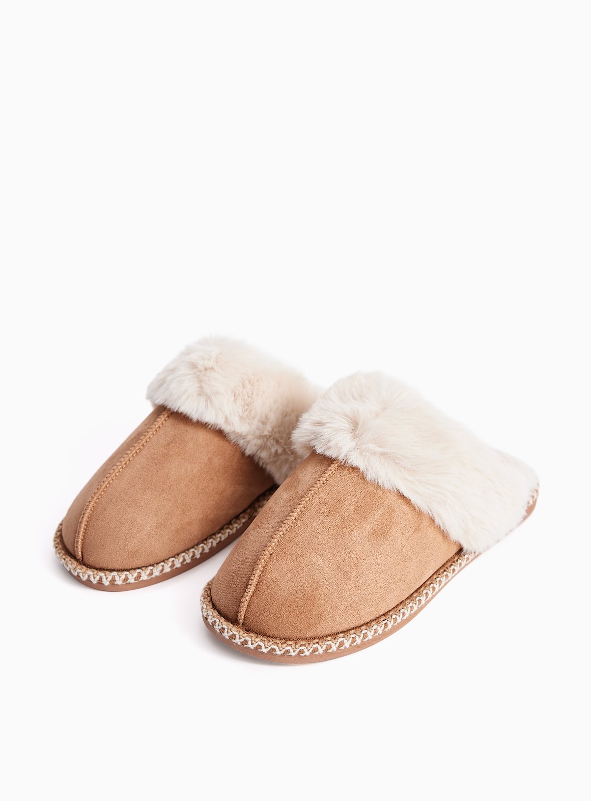 Tan Fur Trim Mule Slippers 