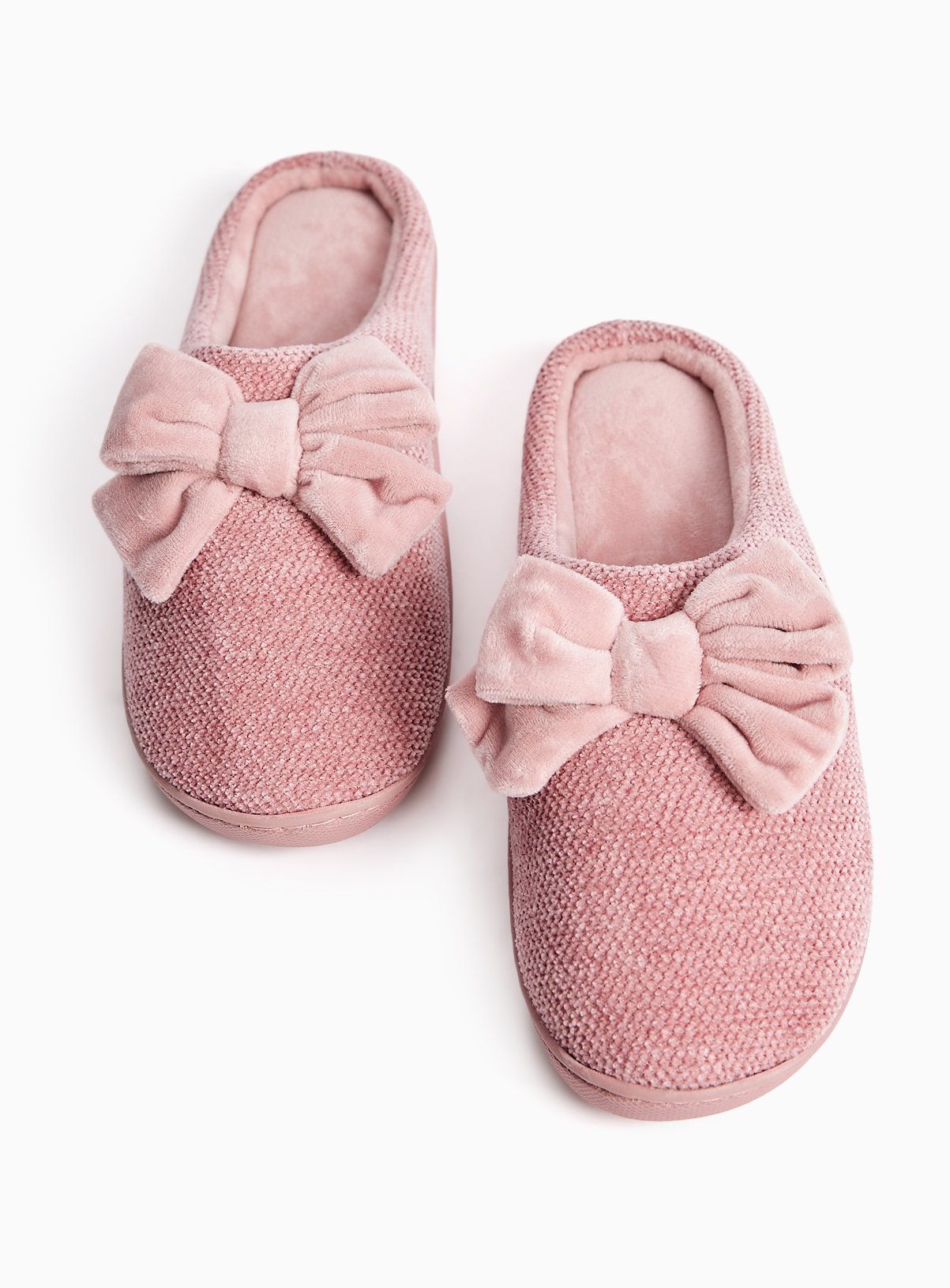 Pink Velour Bow Detail Cupsole Mule Slippers 