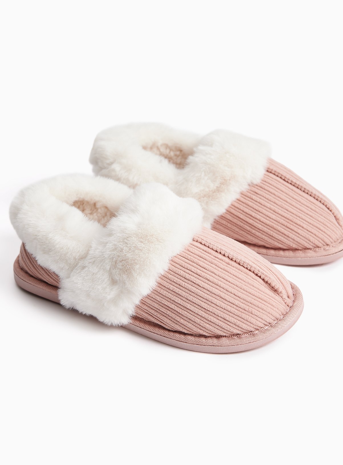 Pink Fur Trim Ribbed Full Slippers 