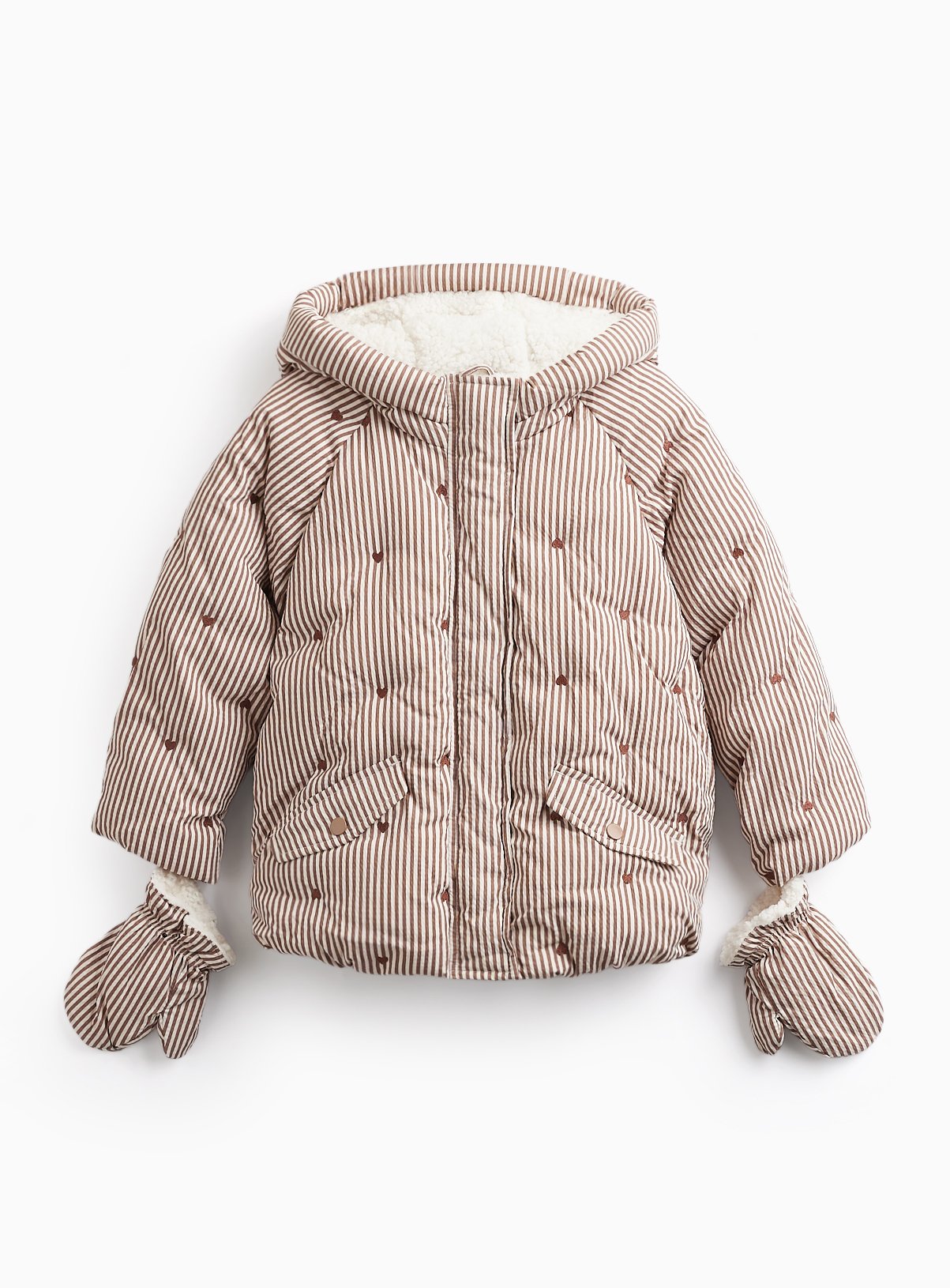 Brown Stripe Print Boxy Fit Puffer Jacket & Mittens 