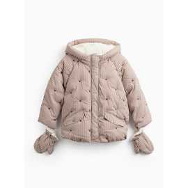 Brown Stripe Print Boxy Fit Puffer Jacket & Mittens