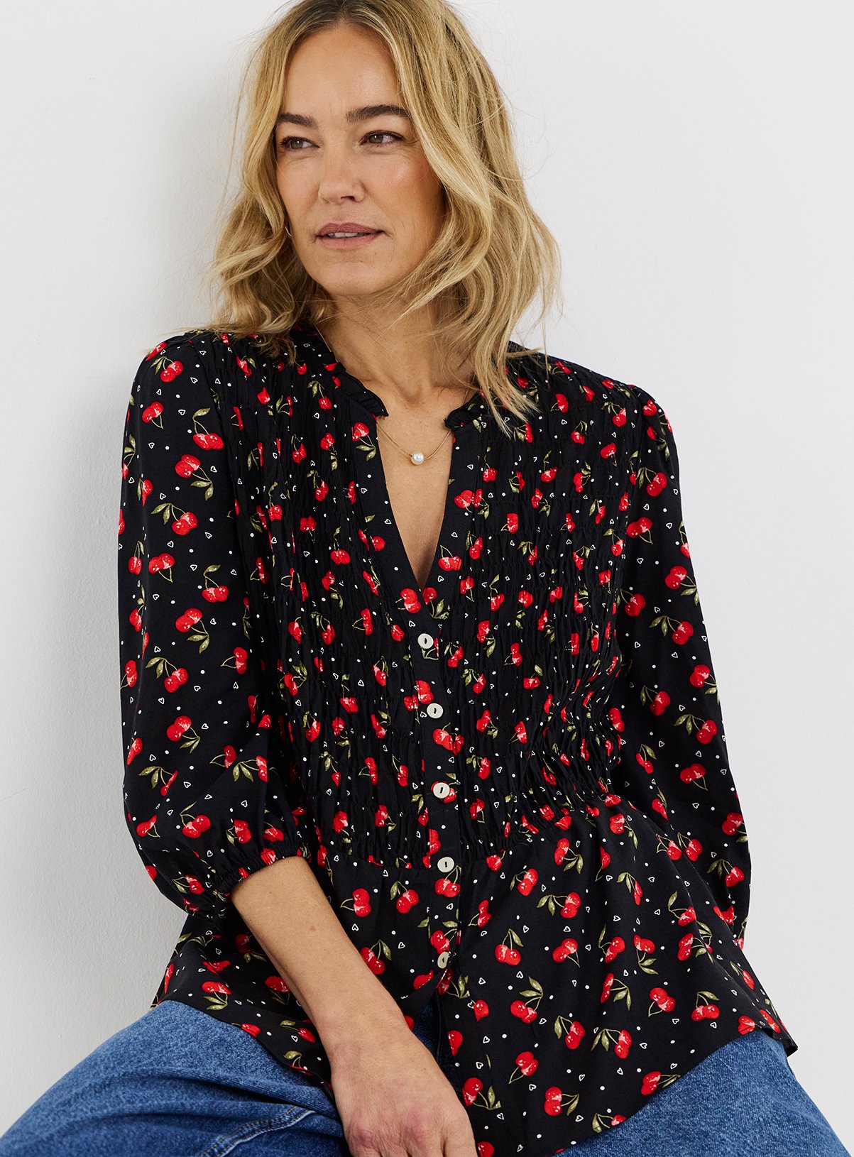 JD WILLIAMS Spun Viscose Shirred Button Through Cherry Print Top 