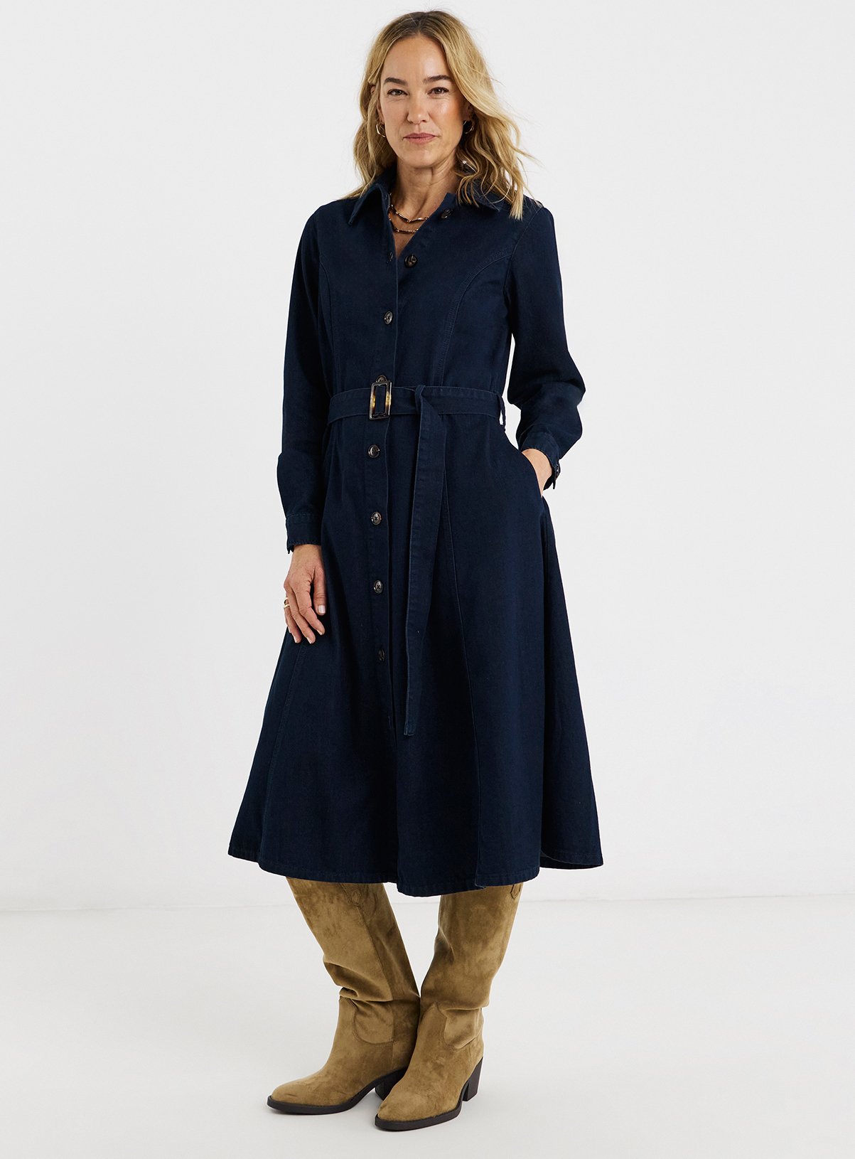 JD WILLIAMS Long Sleeve Denim Belted Midi Dress 