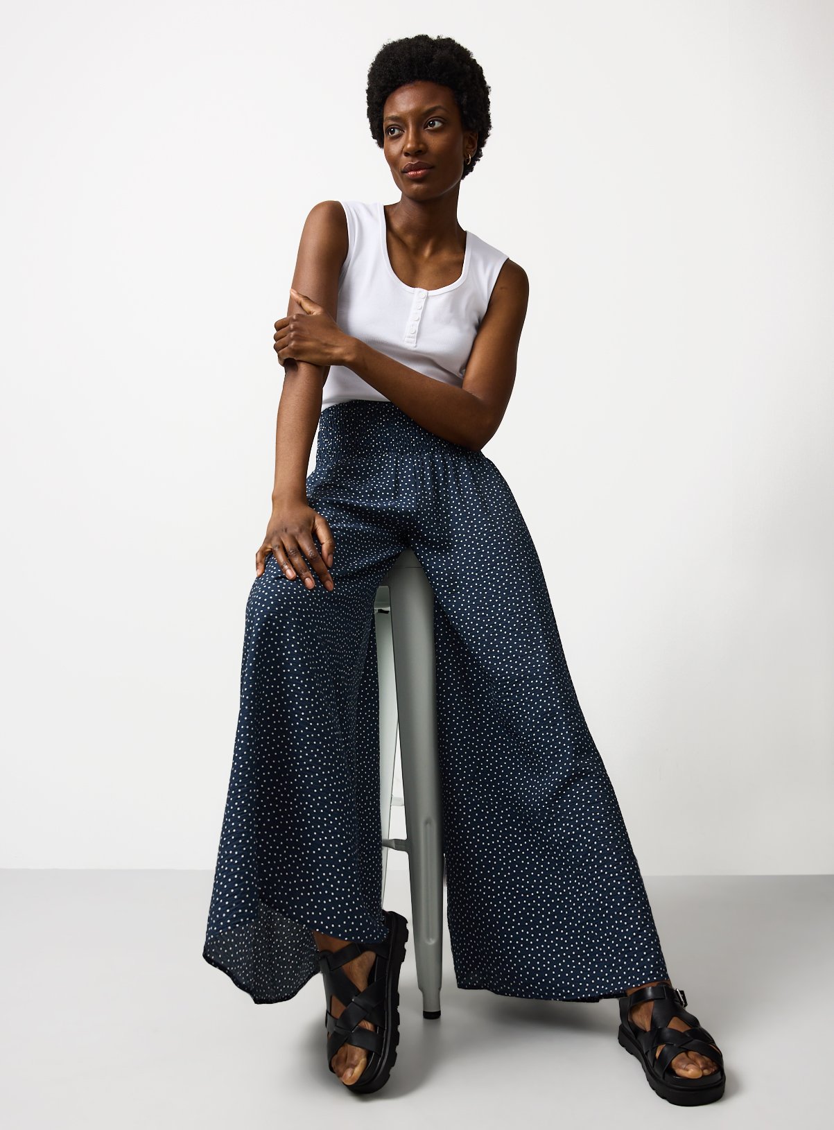 Navy Polka Dot Print Shirred Waist Palazzo Trousers 12