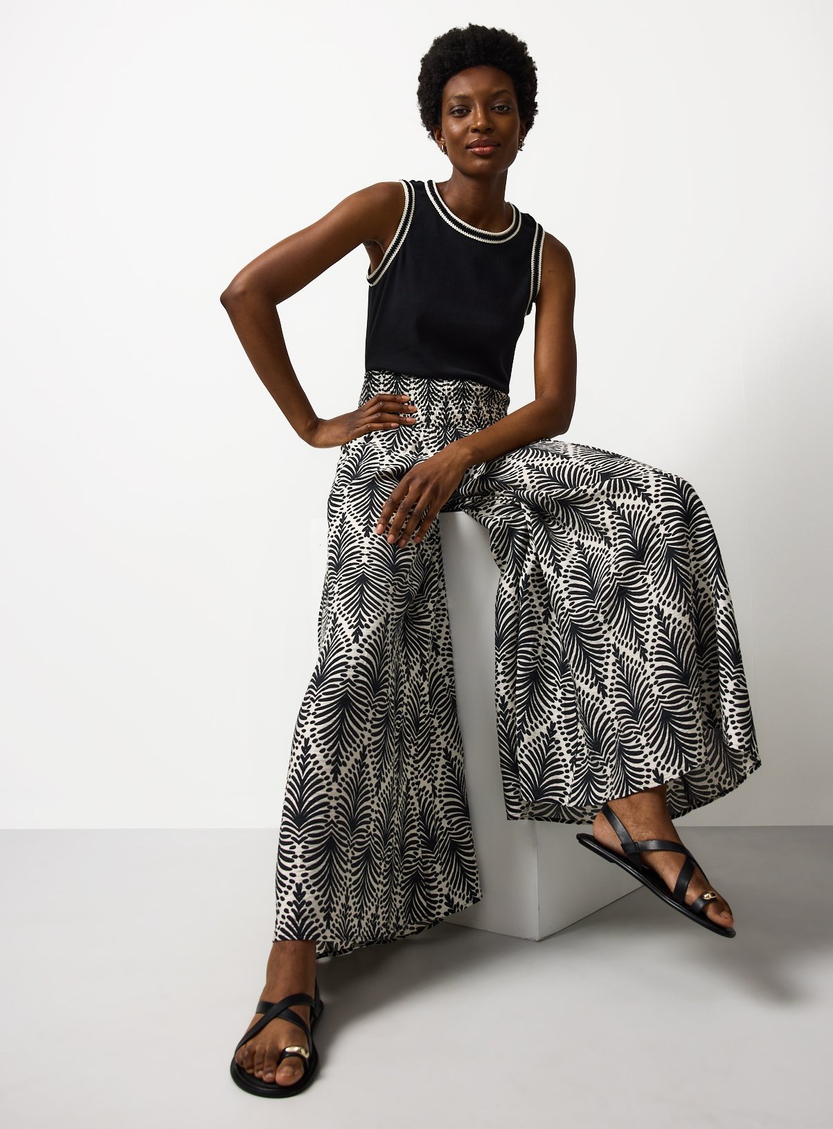 Print Shirred Waist Palazzo Trousers 