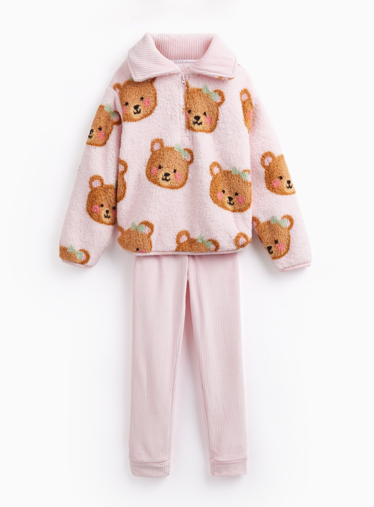Pink Bear Print Borg Pyjama Fleece & Bottoms Set 