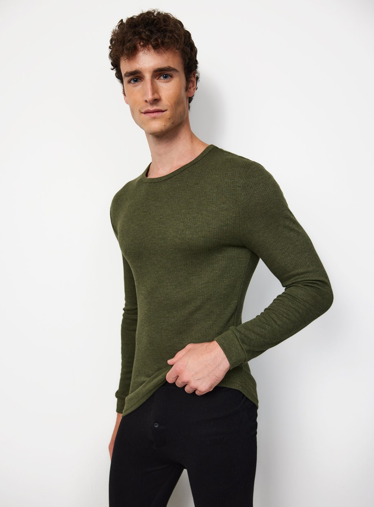 Green Marl Thermal Max Warmth Ribbed Long Sleeve Top 