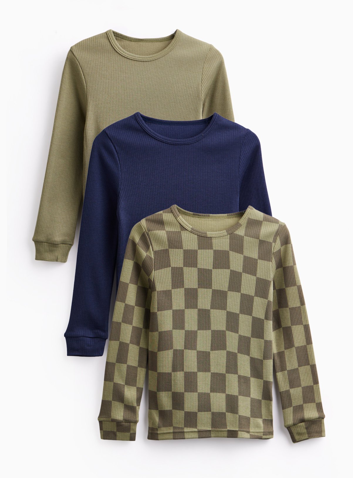 Khaki, Navy & Checkerboard Thermal Long Sleeve Tops 3-Pack 
