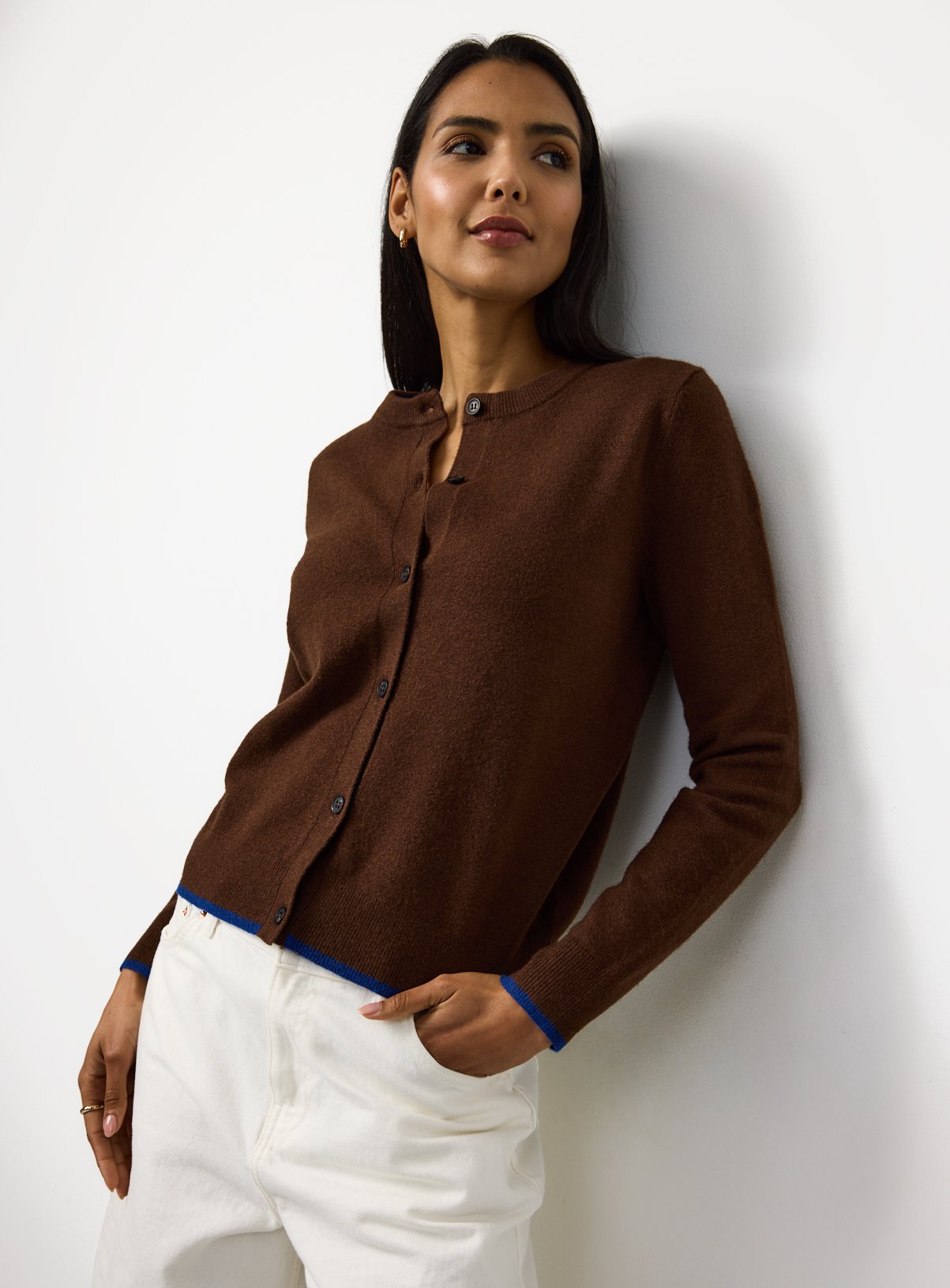 Crew Neck Cosy Tipped Trim Cardigan 